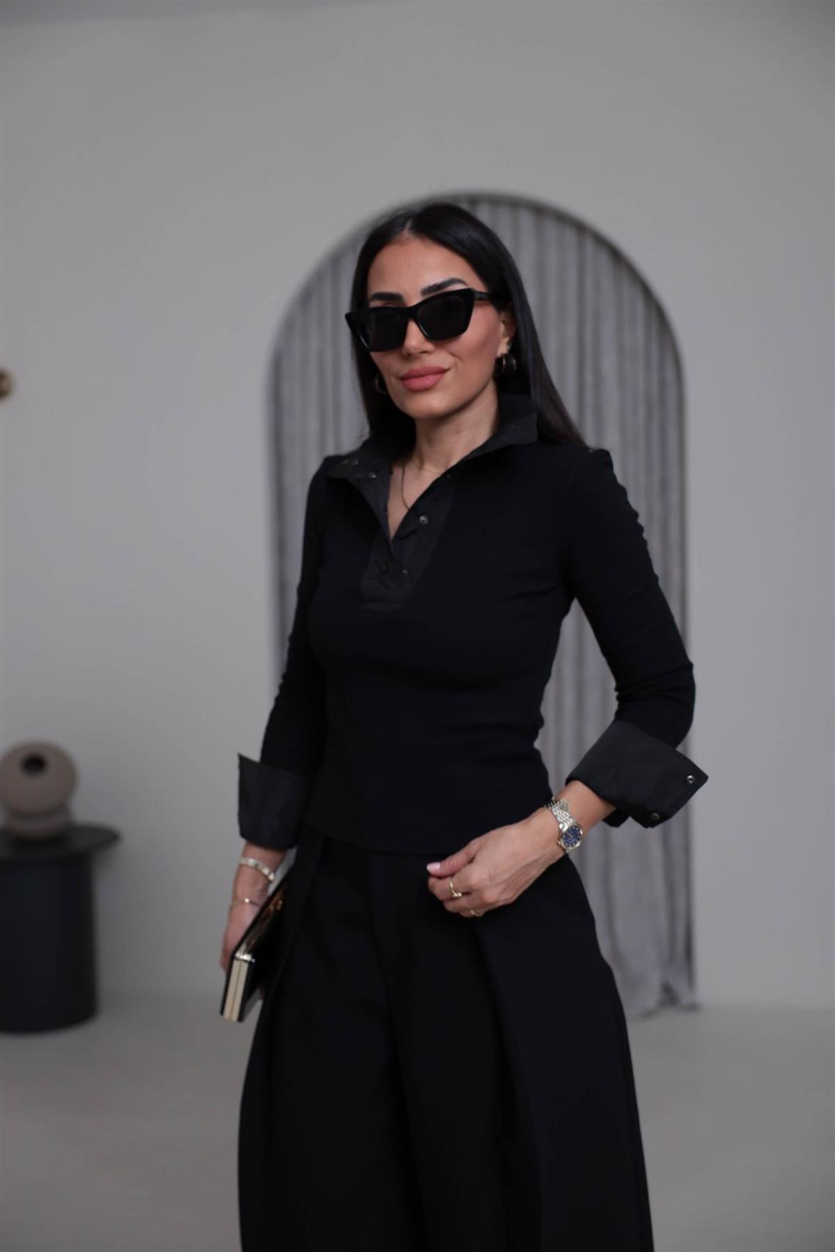 7009 Paraşüt Garnili Çıtçıtlı Triko Bluz SİYAH