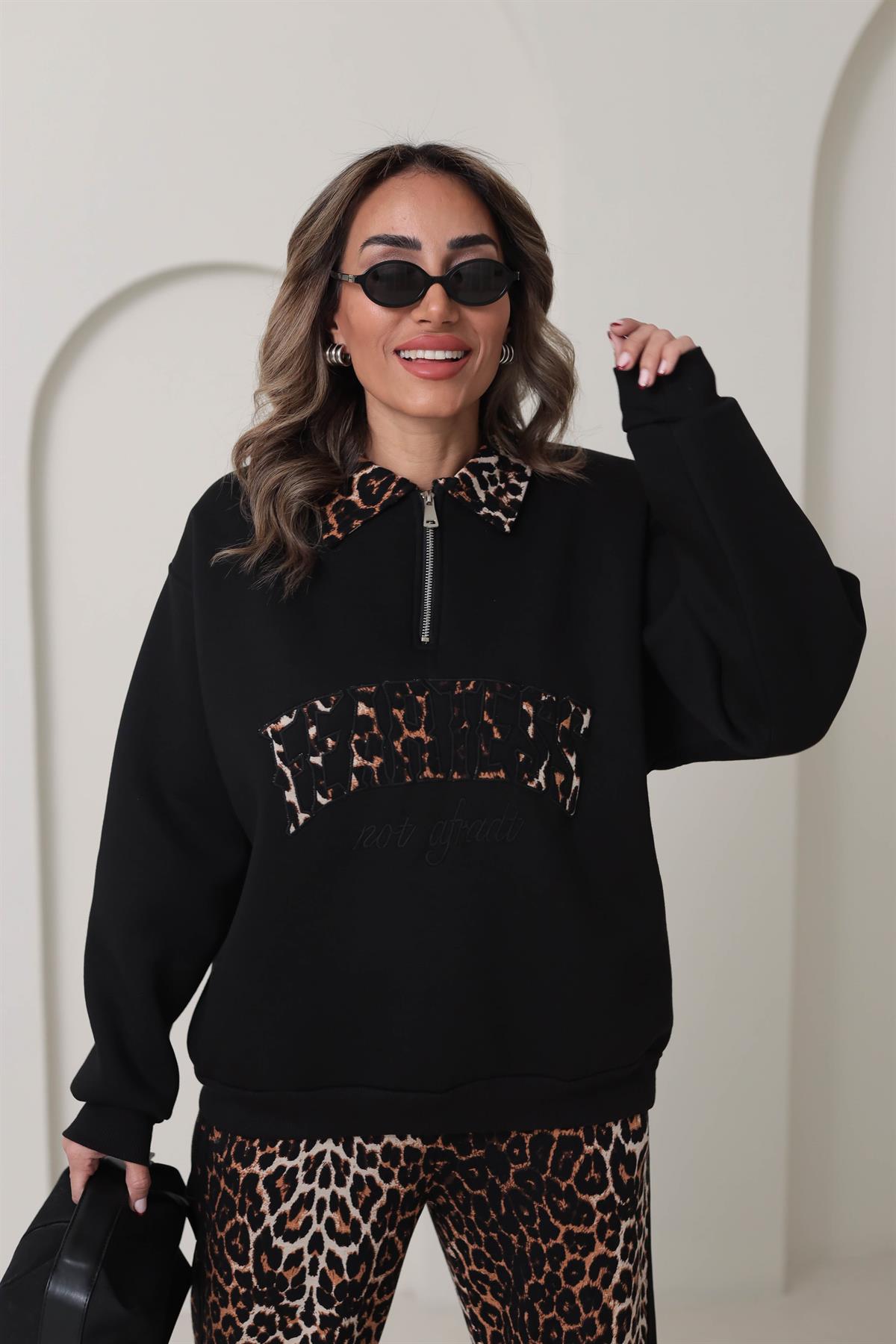 Leopar Yakalı Nakışlı Şardonlu Sweatshirt SİYAH