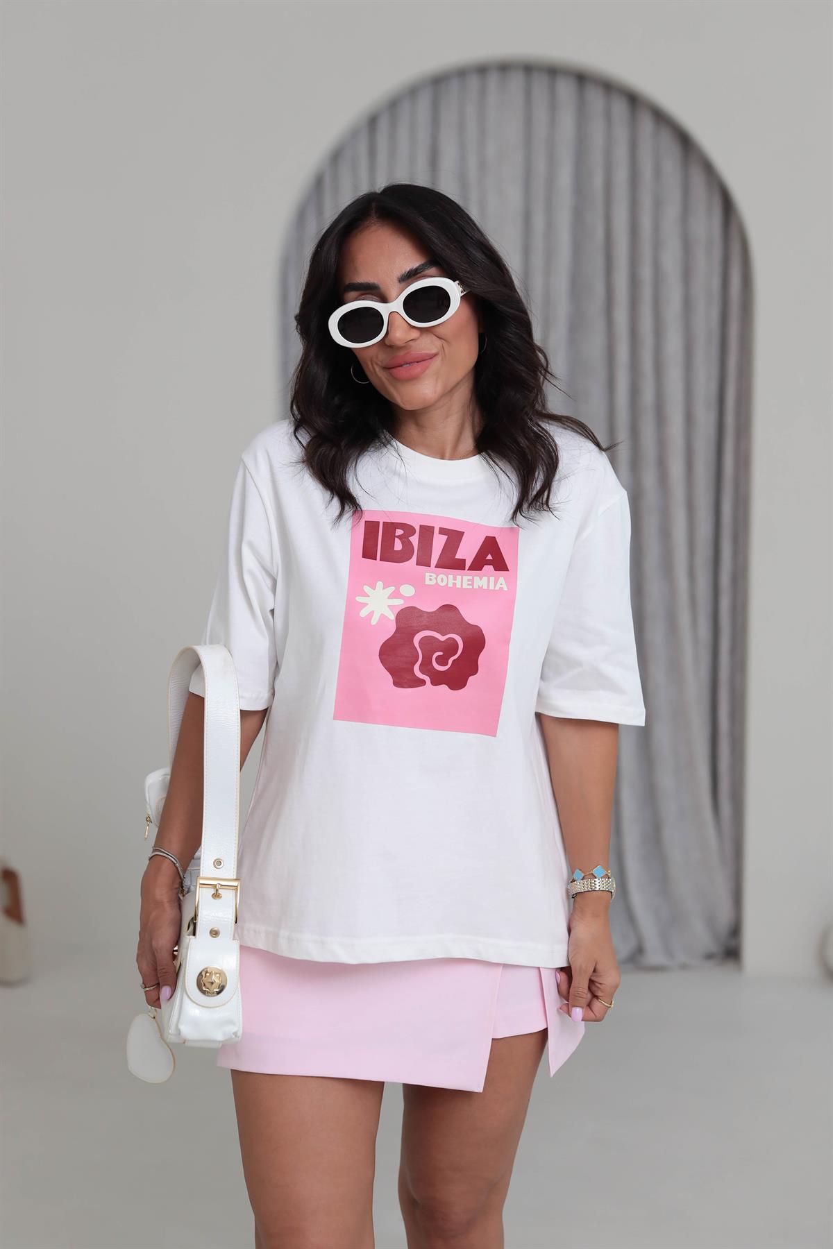 0492 İbiza Baskılı Pamuklu Tshirt EKRU