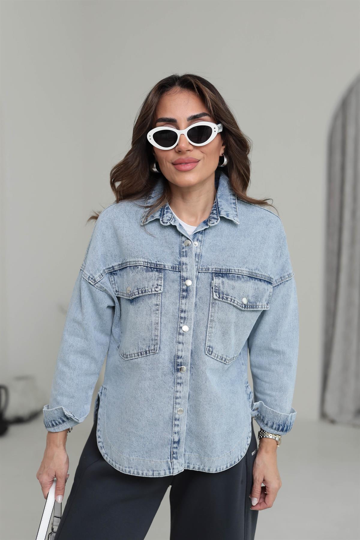 3406 Önden Çıtçıt Düğmeli Kot Ceket AÇIK MAVİ