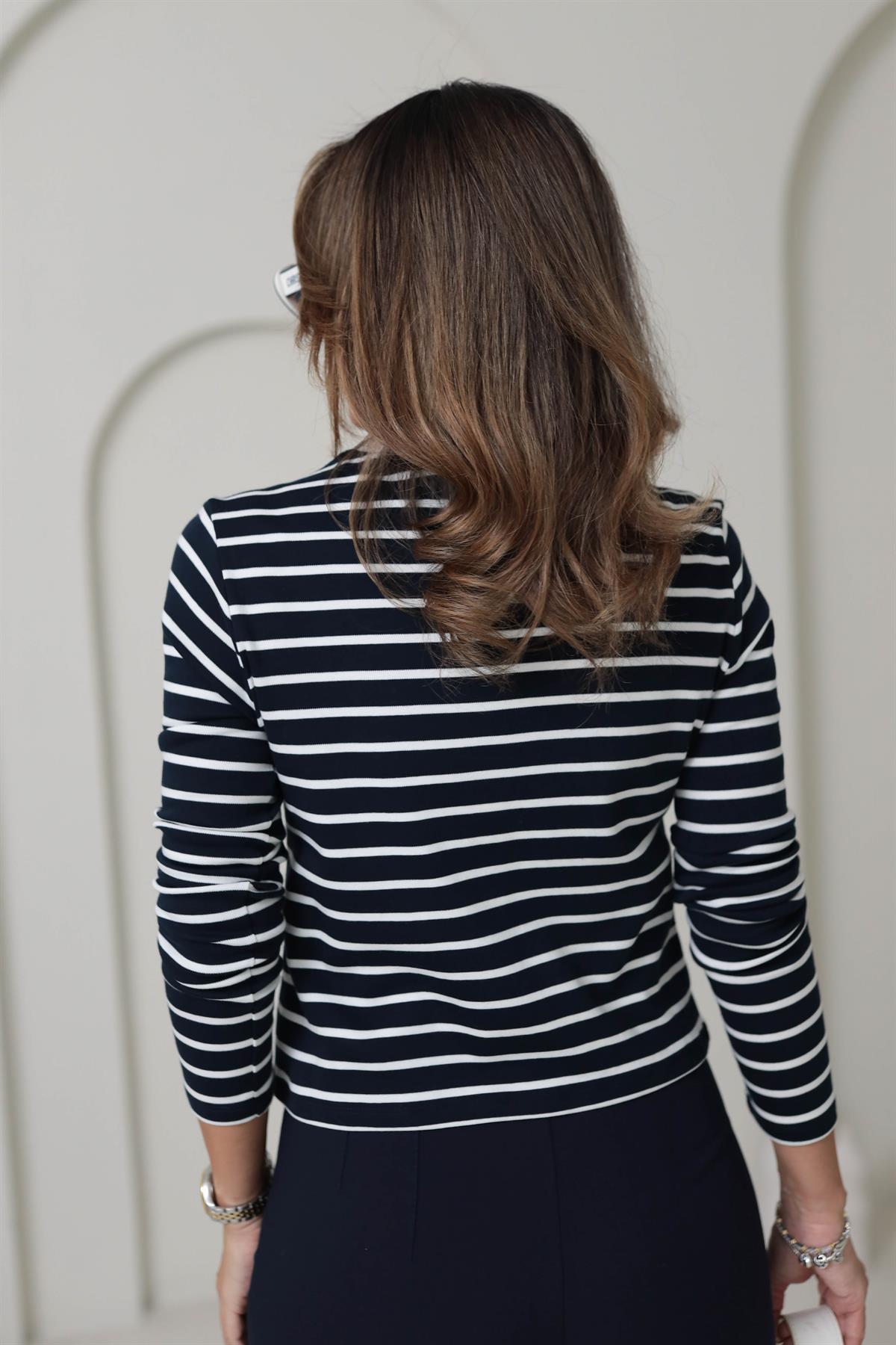 6459 Çizgili Gold Düğmeli Pamuklu Hırka LACİ-BEYAZ