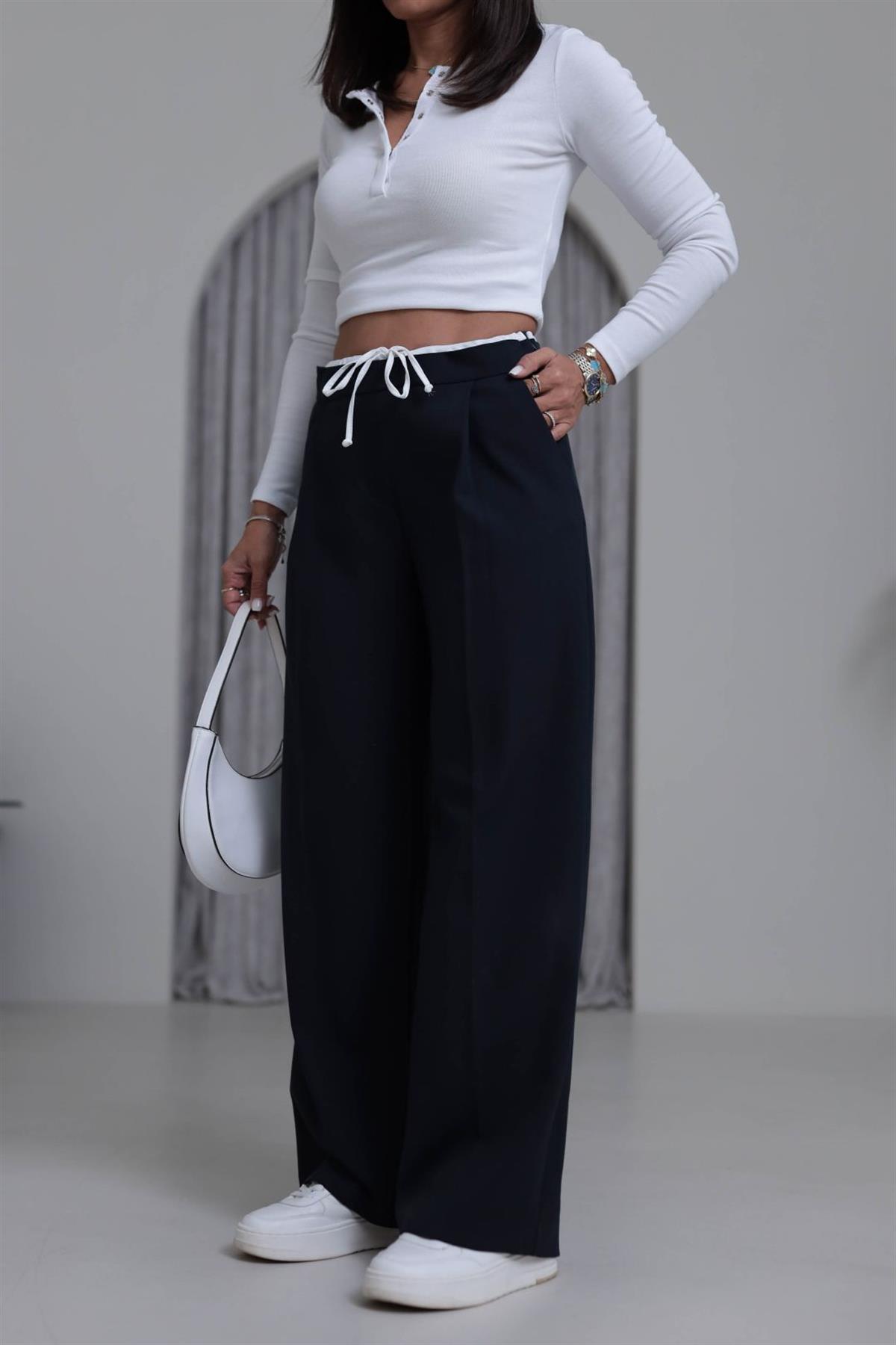 5179 Bel Detaylı Bağcıklı Kumaş Pantolon LACİVERT