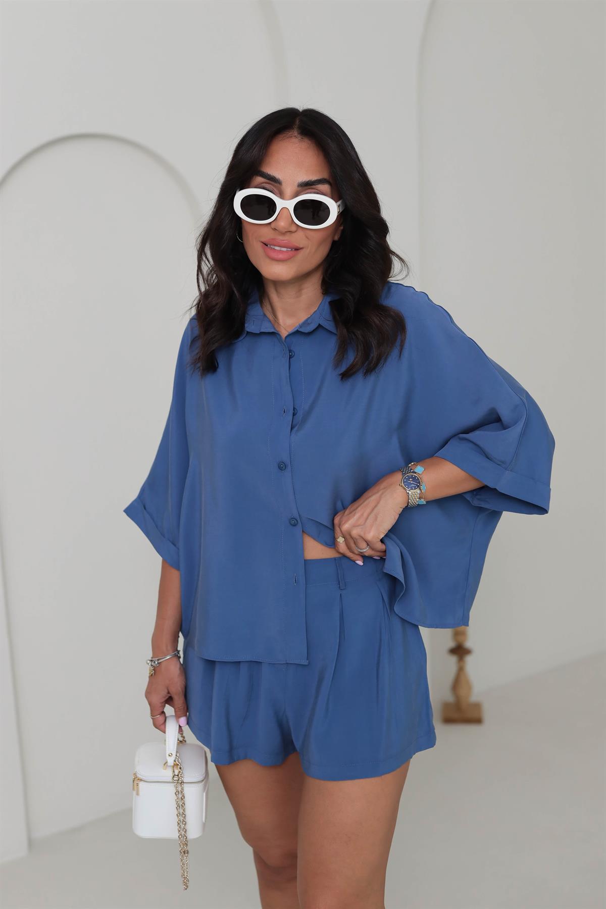 513 Tencel Düşük Omuz Gömlekli Şort Takım Indigo