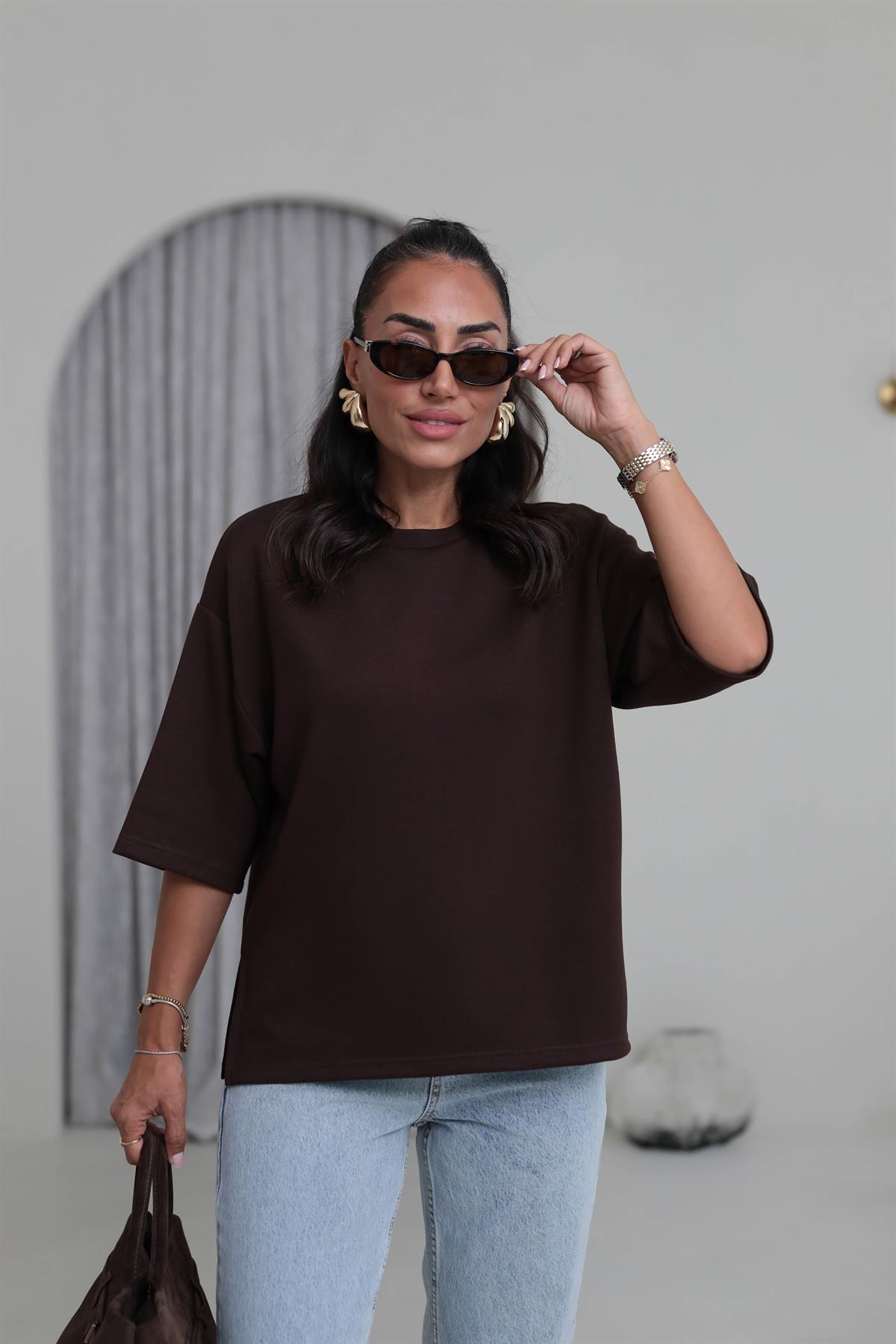 4783 Bisiklet Yaka Rahat Modal Cupra Tshirt KAHVE