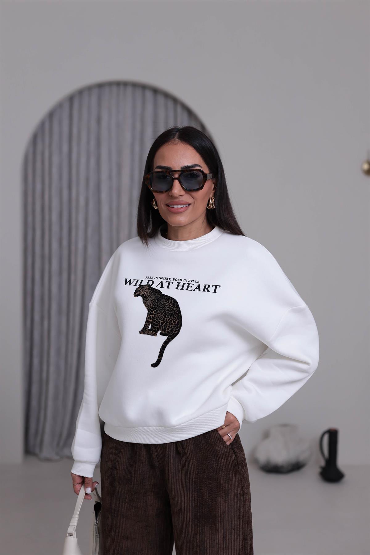 1074 Leopar Flok Baskılı Şardonlu Sweatshirt EKRU