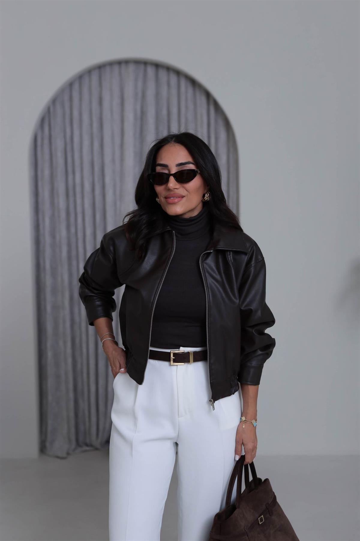 3128 Bel Lastikliı Suni Deri Bomber Ceket ACI KAHVE