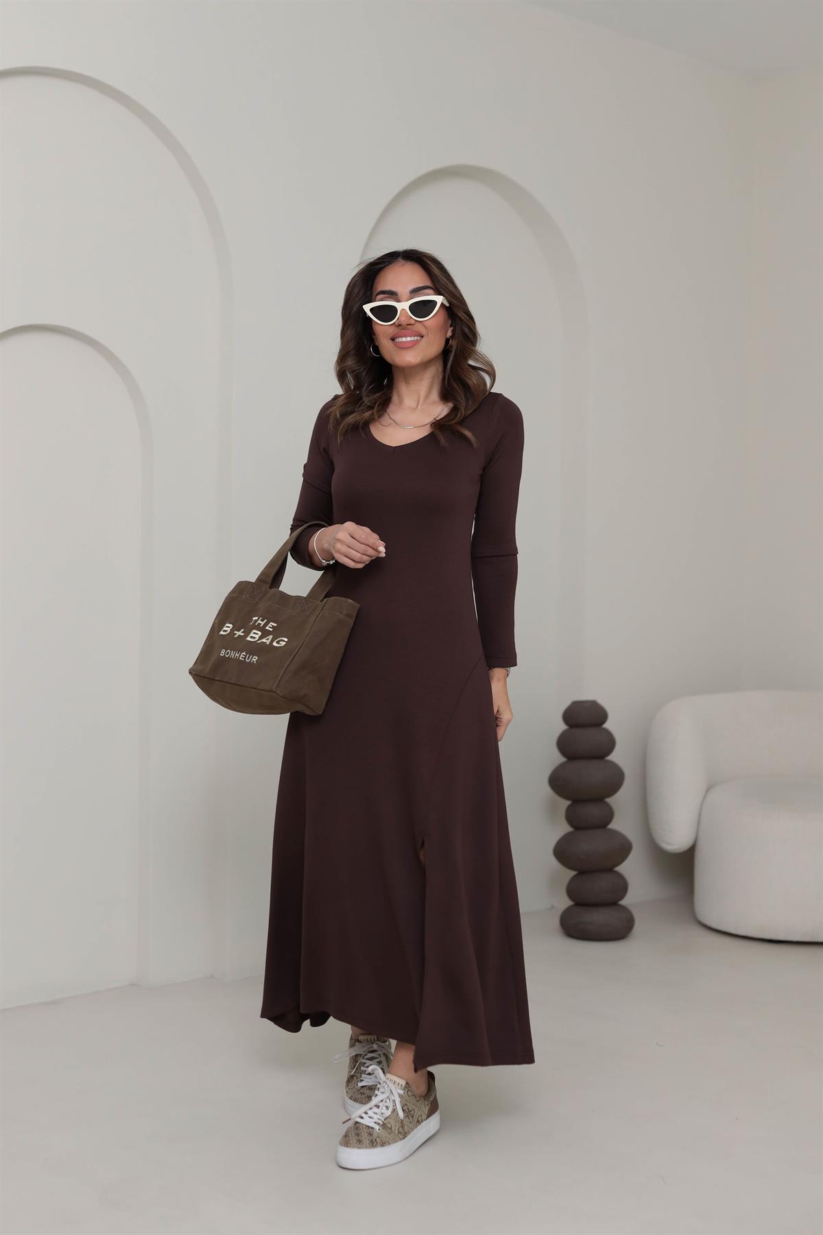 1327 U Yaka Uzun Kol Modal Penye Elbise KAHVE