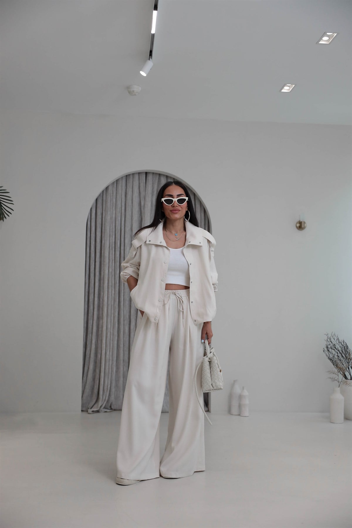 8297 Tencel Kumaş Rahat Kalıp Ceket Pant Takım BEJ