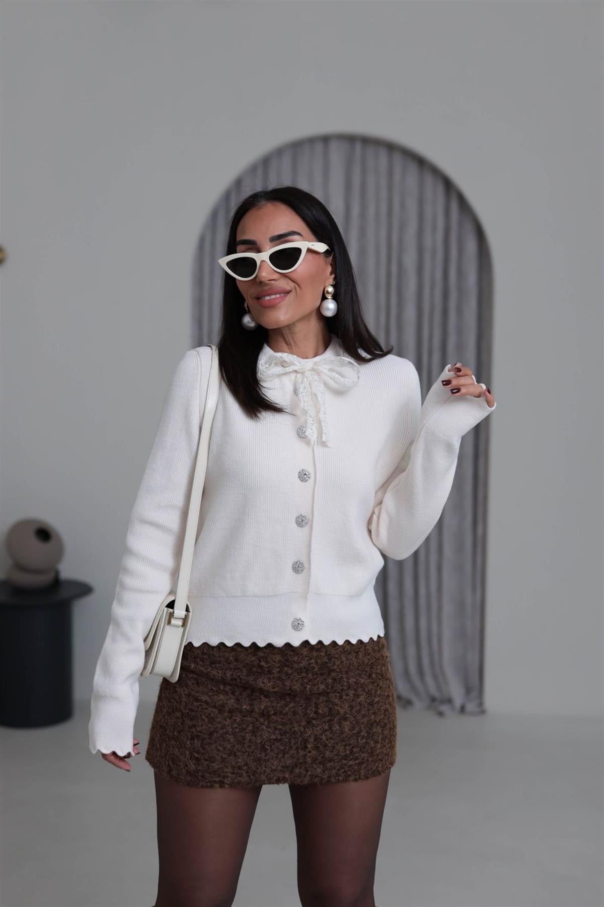 1088 Dantel Fularlı Triko Hırka KREM