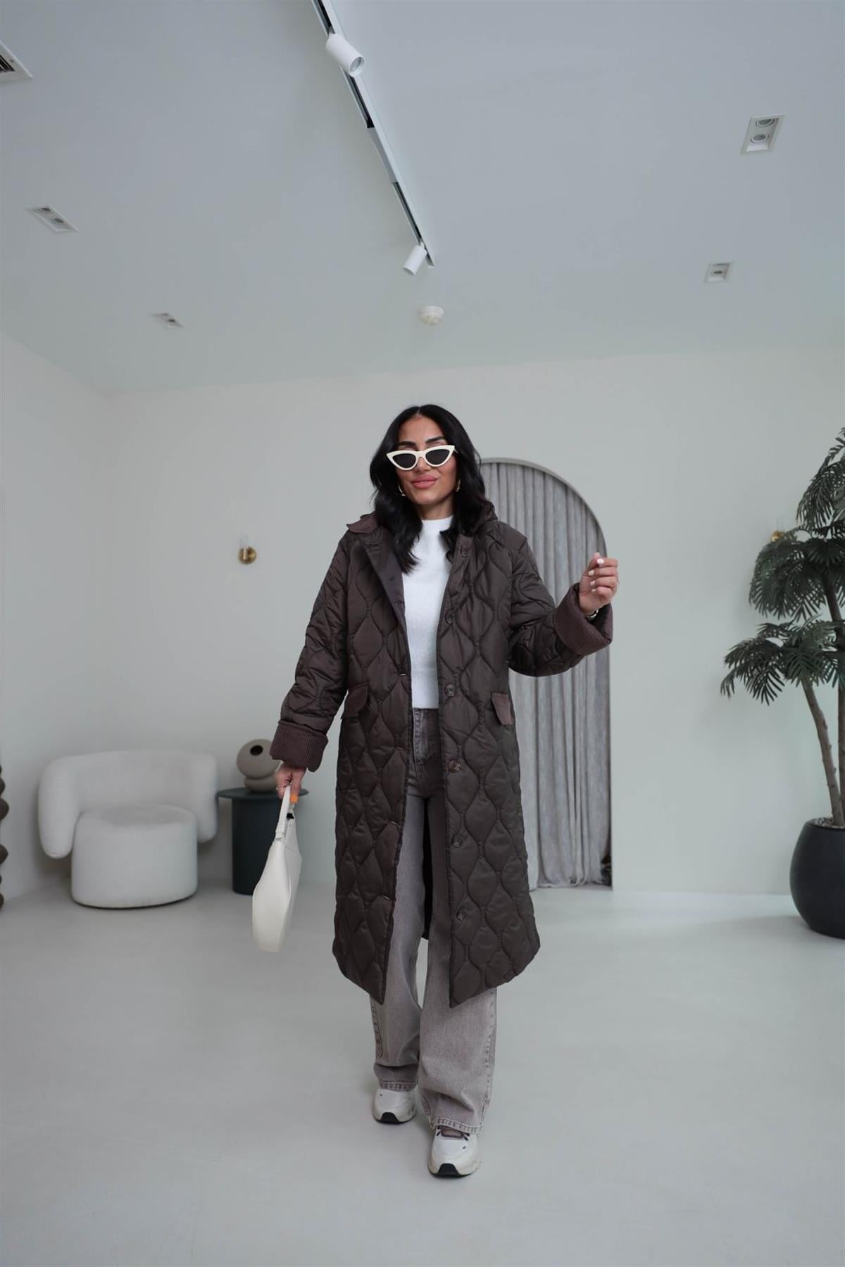 Kadife Detay Kapşonlu Kapitone Kaban KAHVE