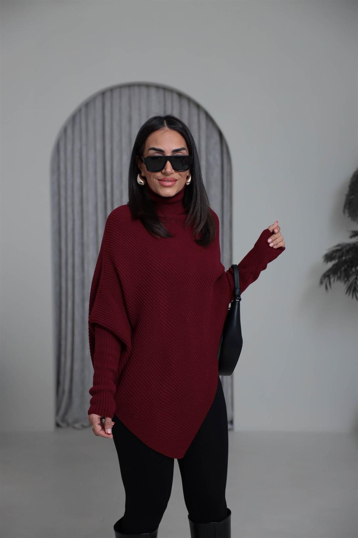 2574 Balıkçı Yaka Asimetrik Triko Kazak BORDO