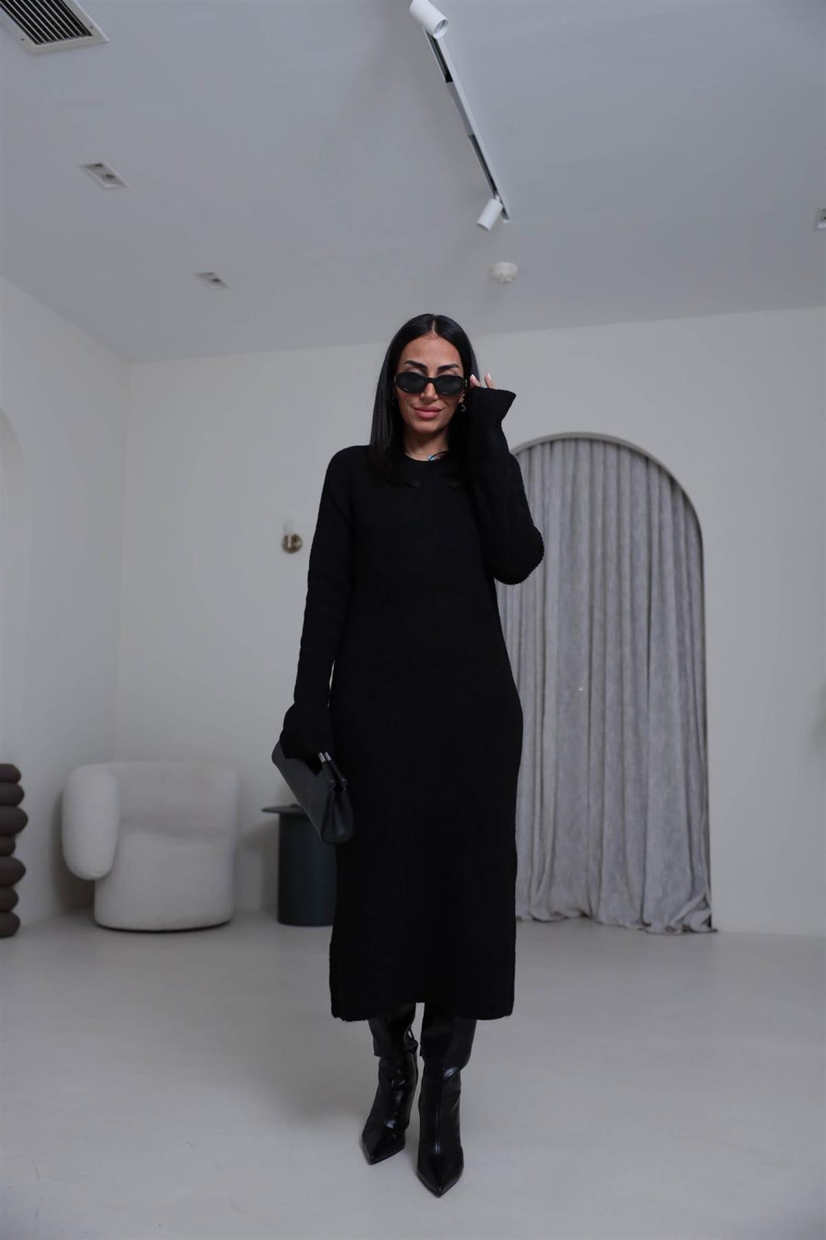 5137 Selanik Örgü Uzun Triko Elbise SİYAH