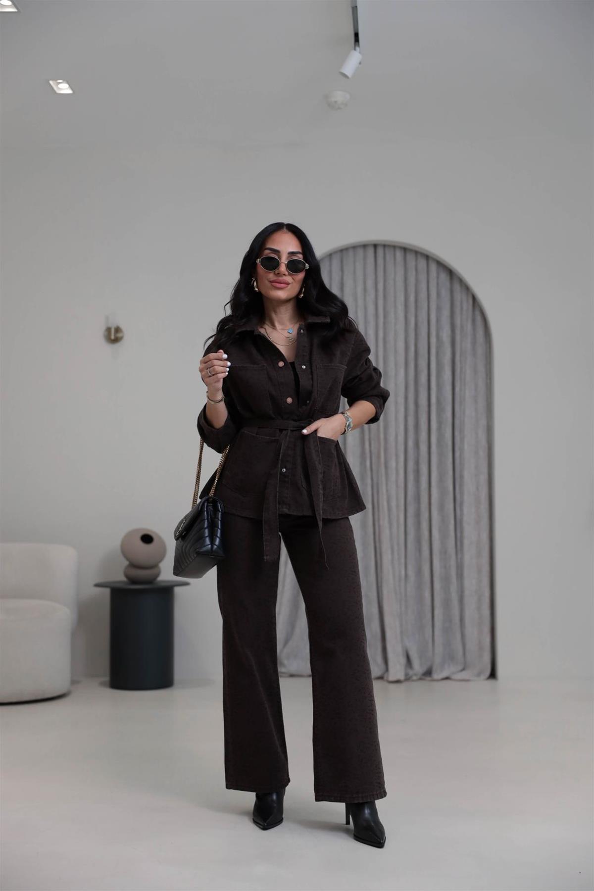 0248 Leopar Desen Düz Paça Jean Pantolon KAHVE