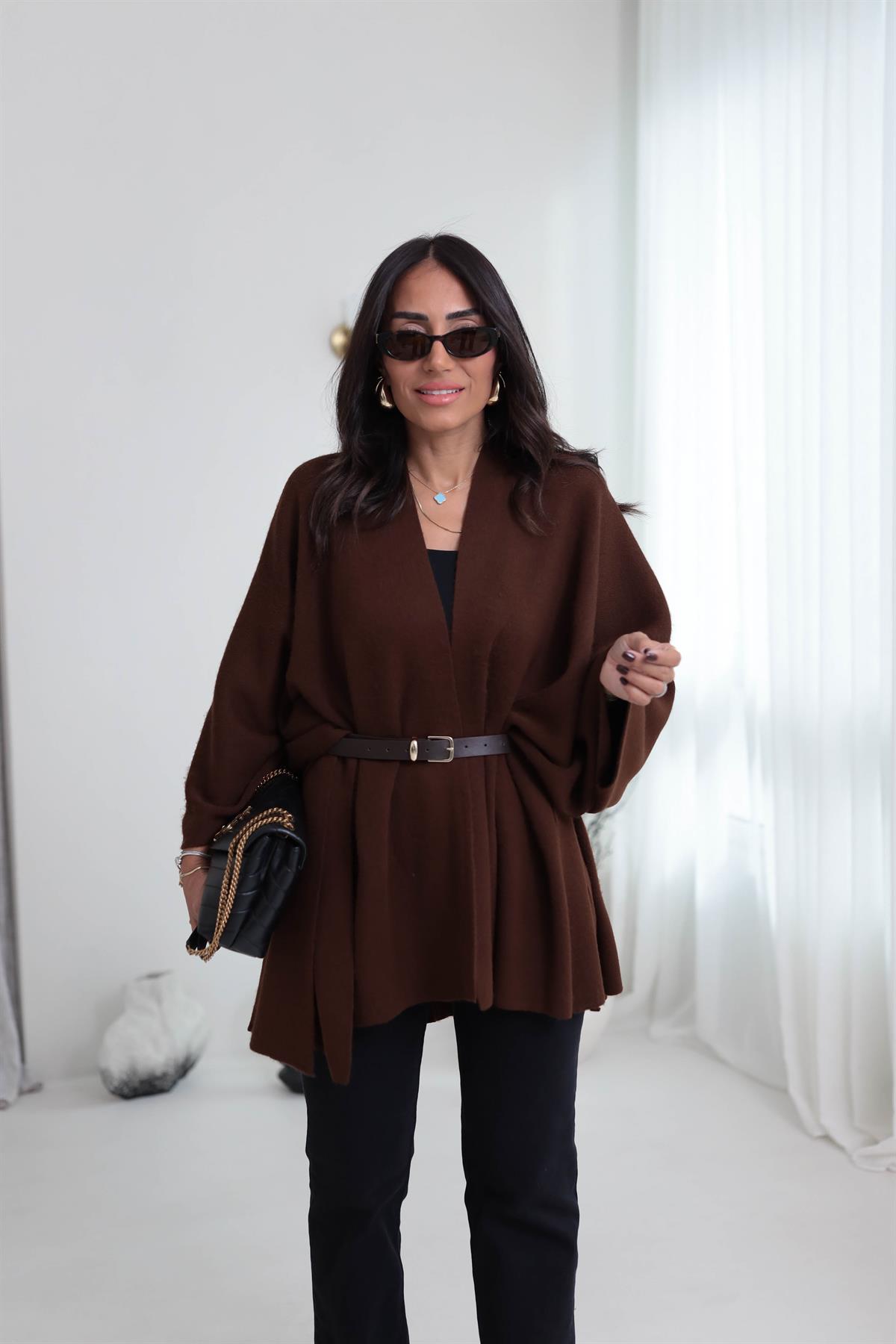 6840 Kemerli Triko Panço Şal KAHVE