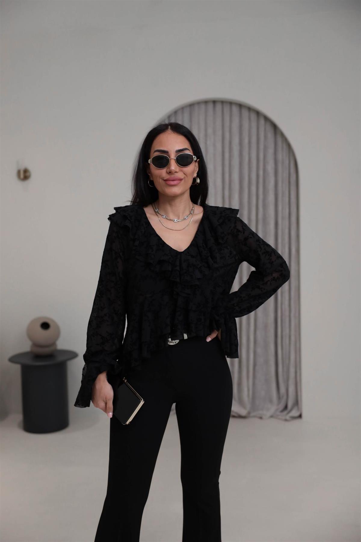 1110 Kadife Baskılı Fırfırlı Tül Bluz SİYAH