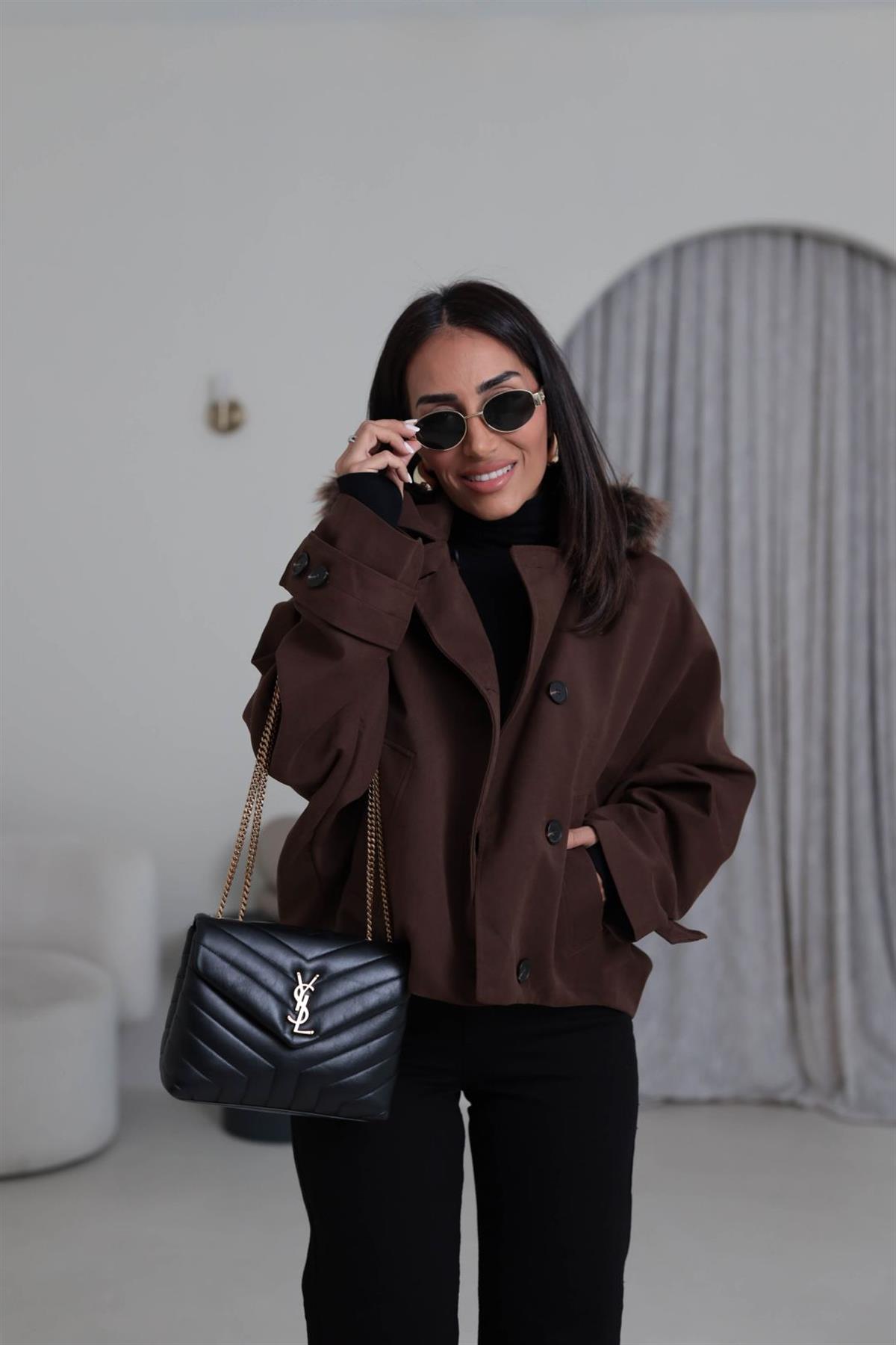 6856 Kürk Kapşonlu Parka KAHVE