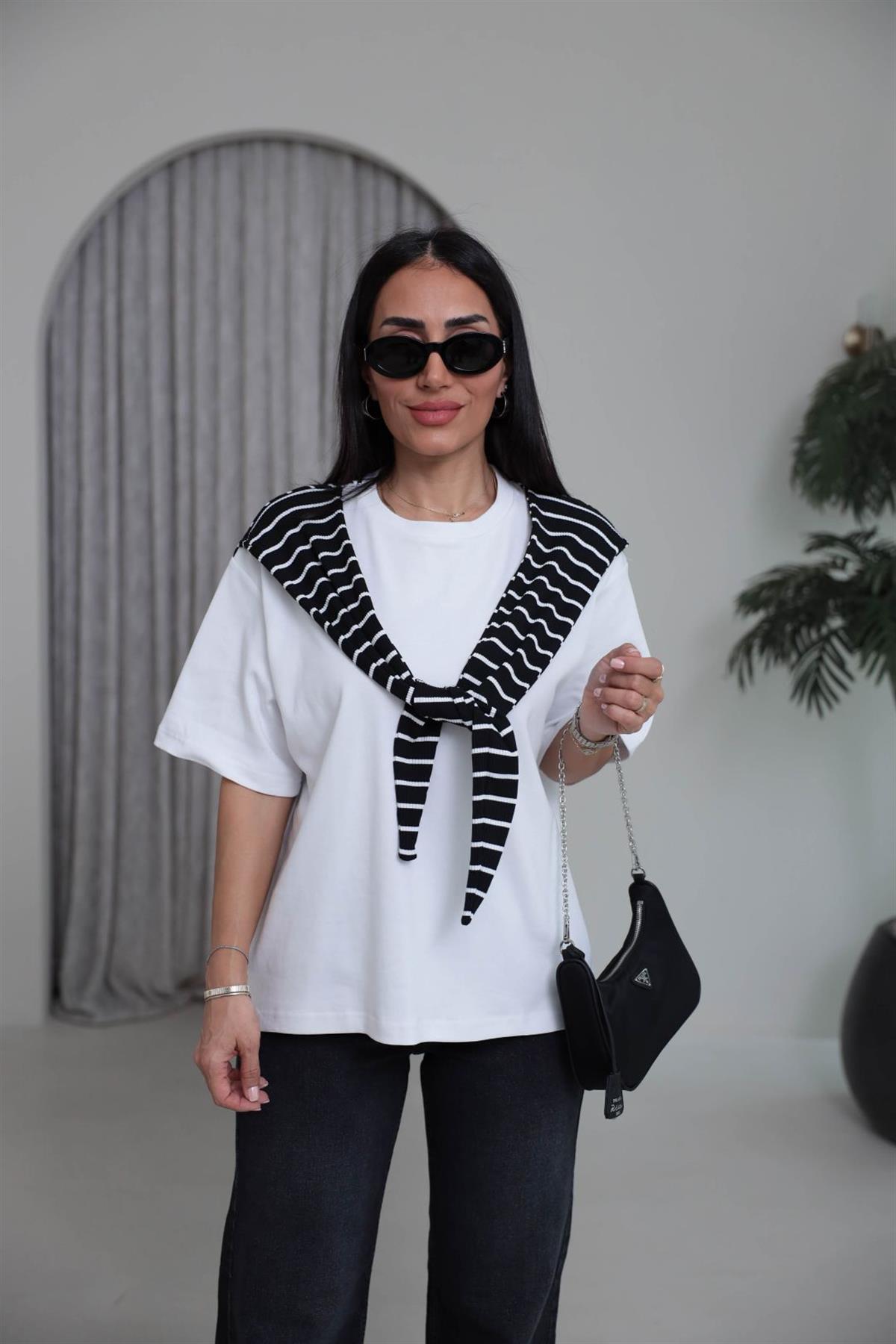 0688 Atkı Detaylı Çizgili Tshirt BEYAZ