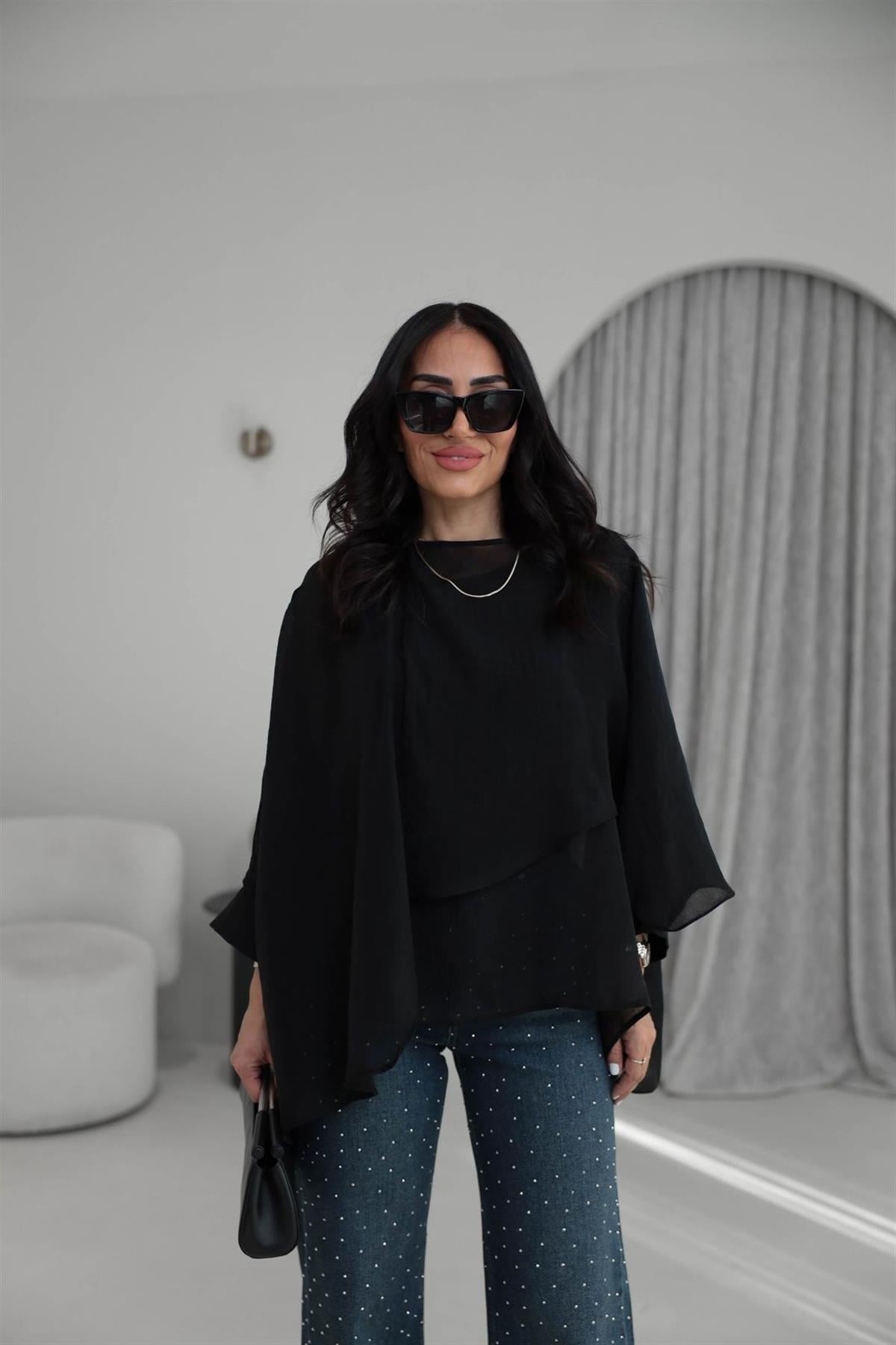 5026 Uçuşan Pelerin Bluz SİYAH