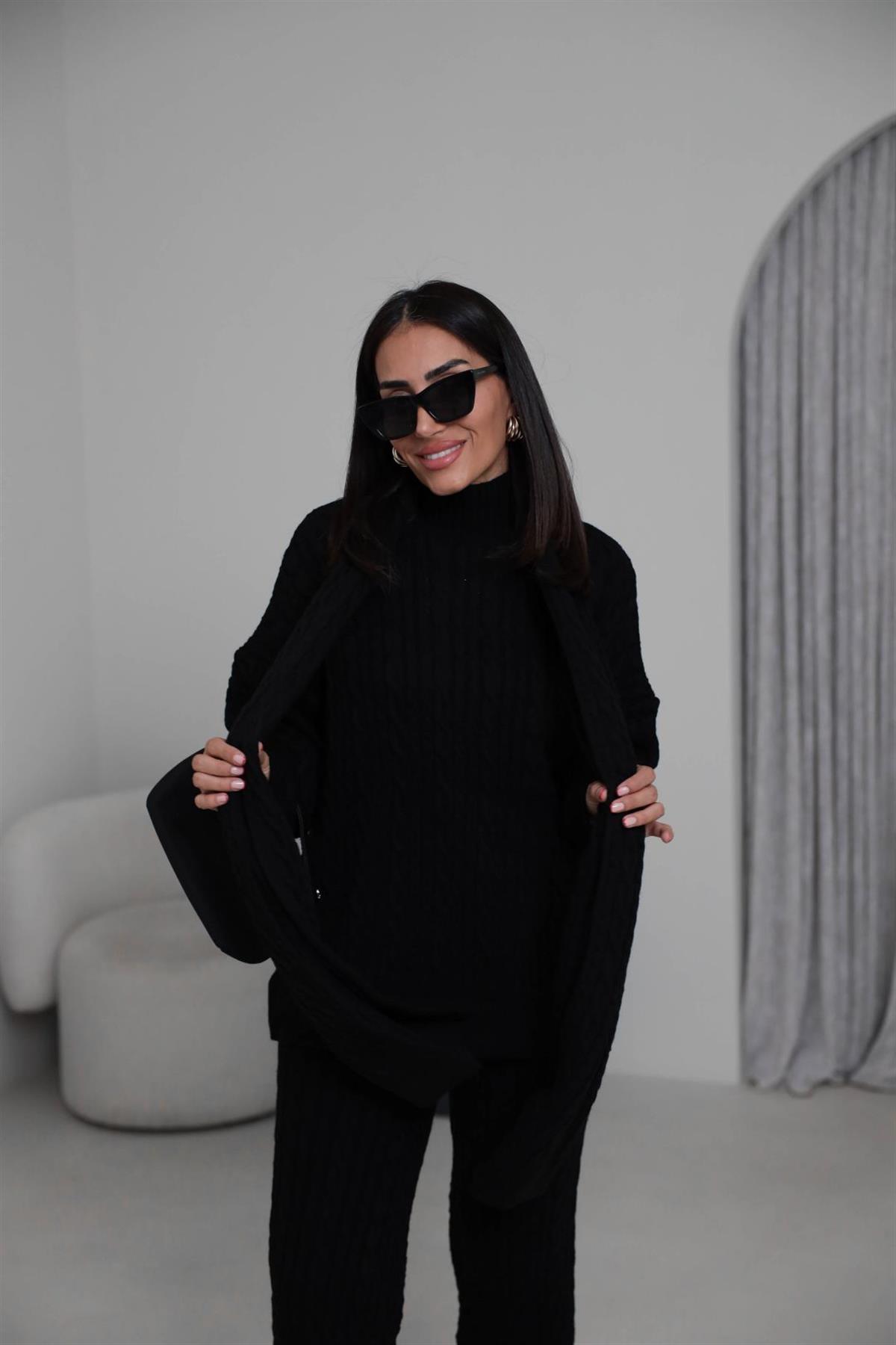 2464 Şal Detaylı Üçlü Triko Takım SİYAH