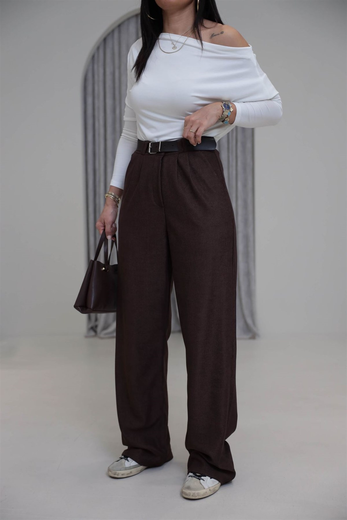 3290 Kemerli Fitilli Kumaş Palazzo Pantolon ACI KAHVE