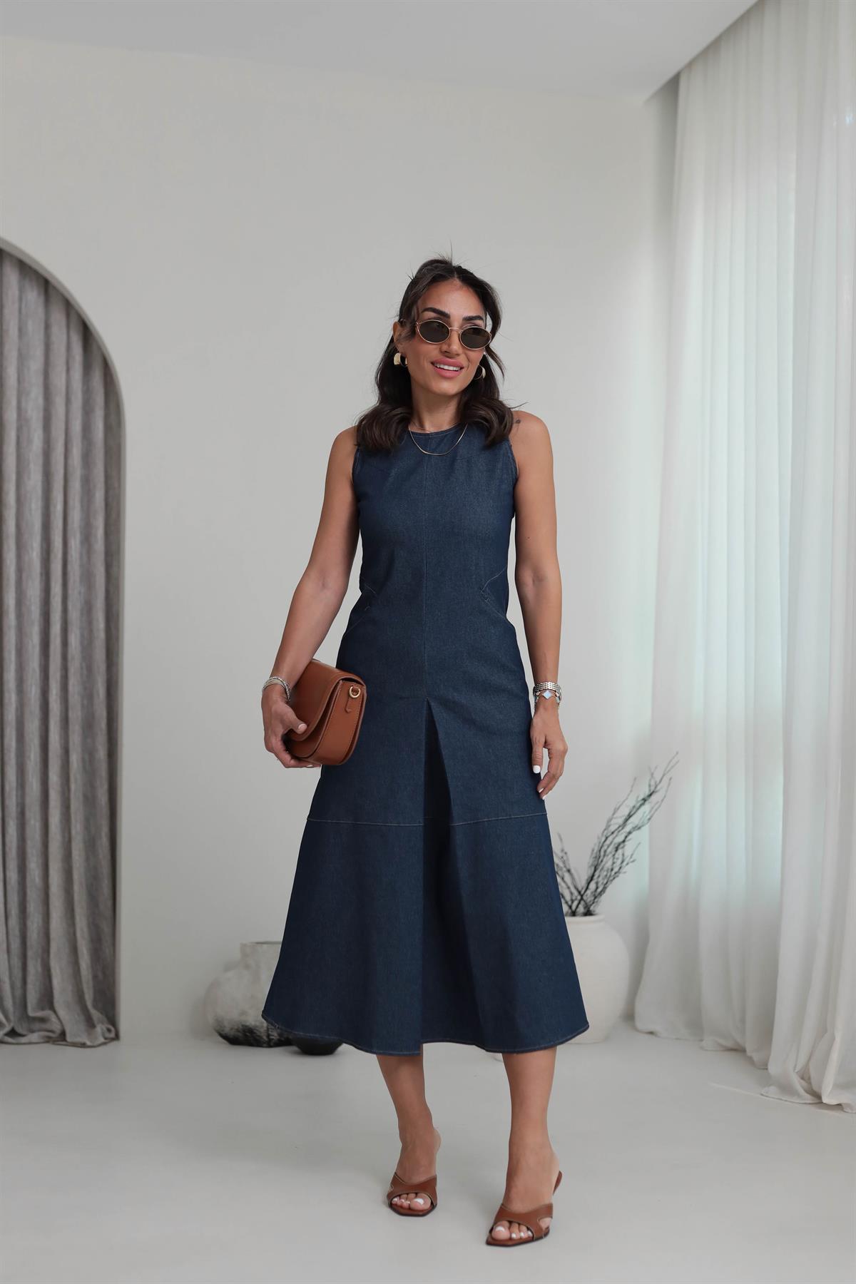 9901 Sıfır Kol Dikiş Detay Likralı Elbise LACİVERT