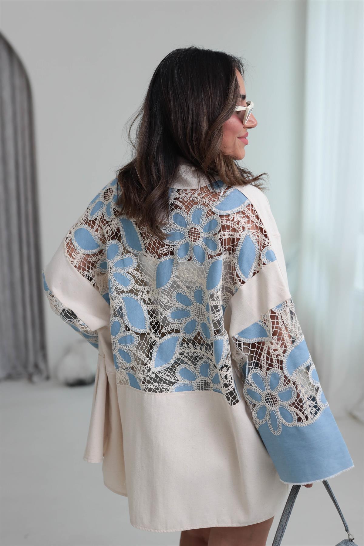 1002 Kot Çiçek İşlemeli Keten Kimono NATURAL