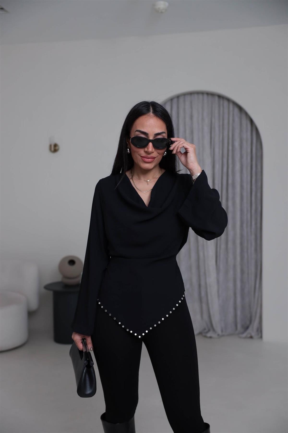 1243 Zımbalı Kuşaklı Asimetrik Bluz SİYAH