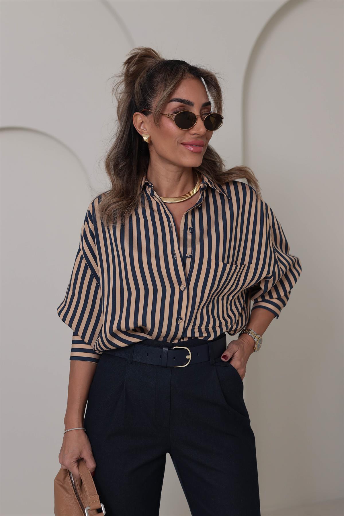 4969 Çizgili Rahat Viskon Gömlek LACİ-CAMEL