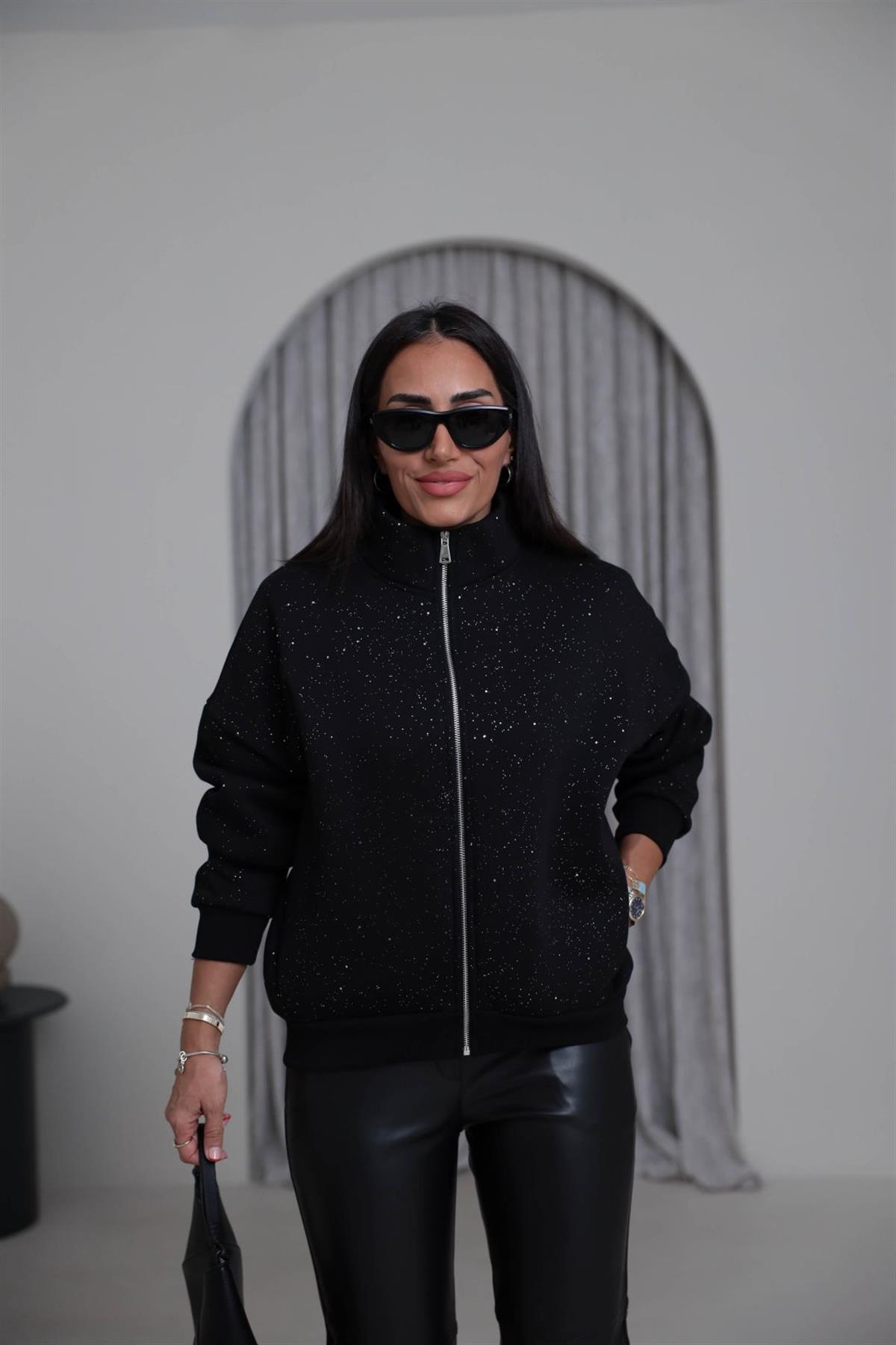 4222 Dik Yaka Önden Fermuarlı Simli Sweatshirt SİYAH