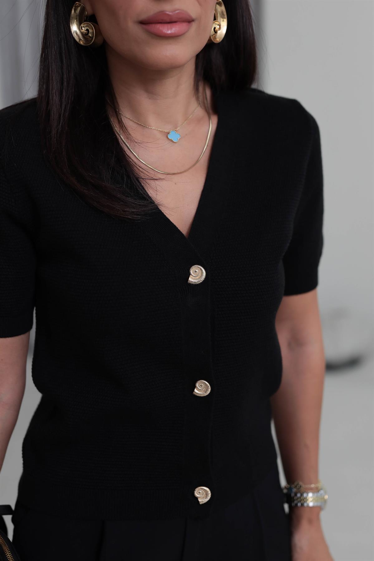 0069 Kısa Kol V Yaka Düğmeli Hırka SİYAH