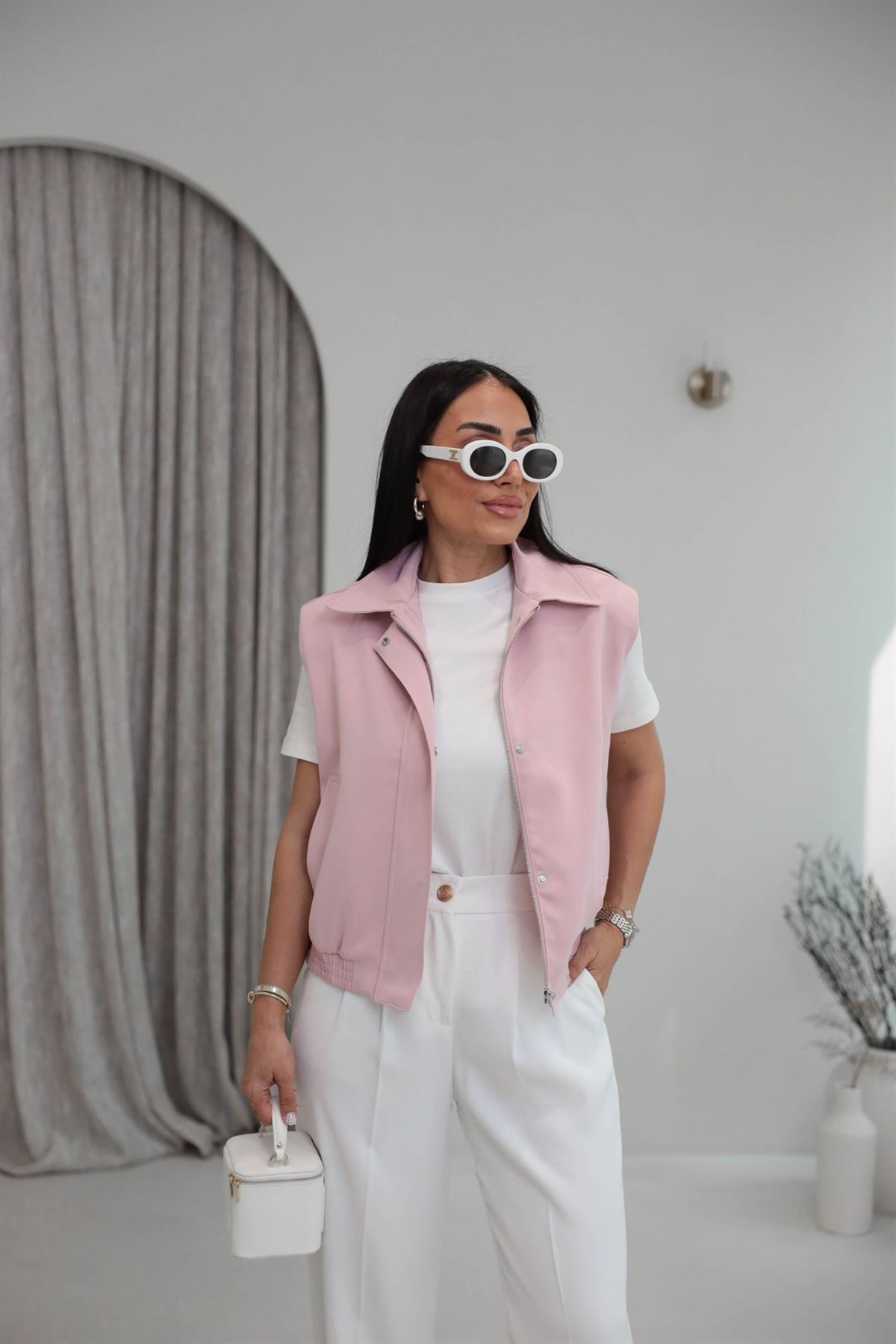 7560 Bel Lastikli Gizli Fermuarlı Modern Kesim Yelek PUDRA