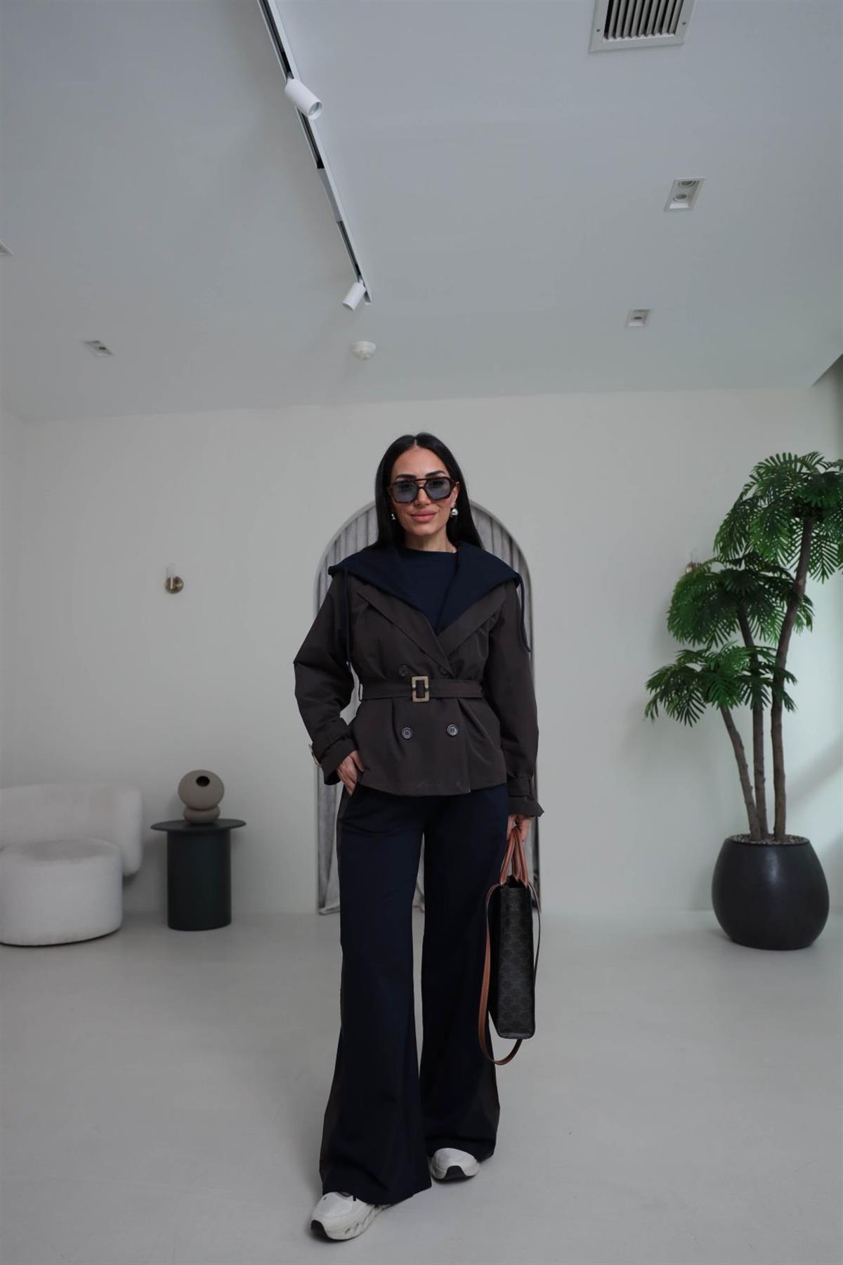 6984 Çıkarılabilir Kapşonlu Trençli Eşofman Takımı ACI KAHVE