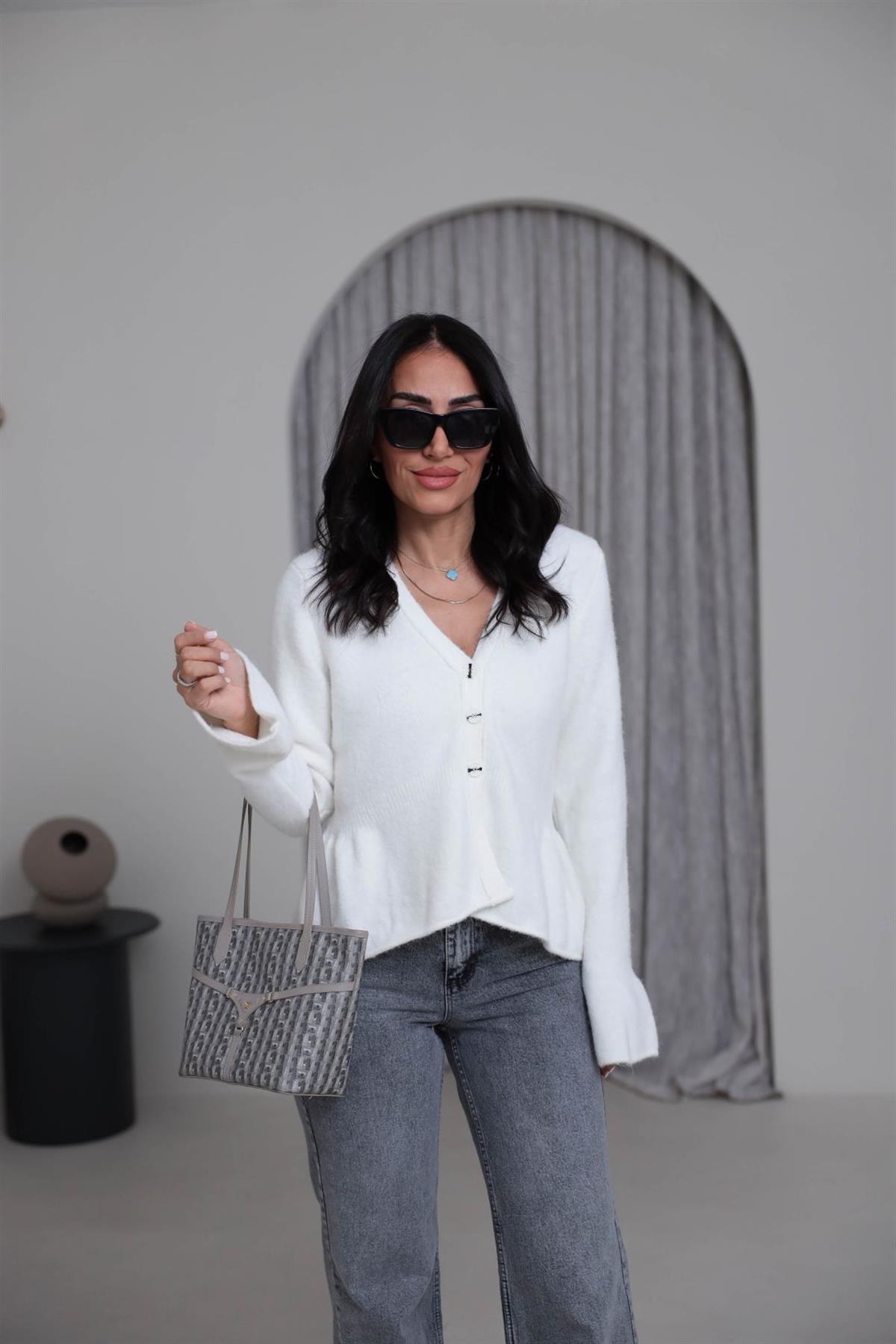 4930 V Yaka İspanyol Kol Peplum Hırka EKRU