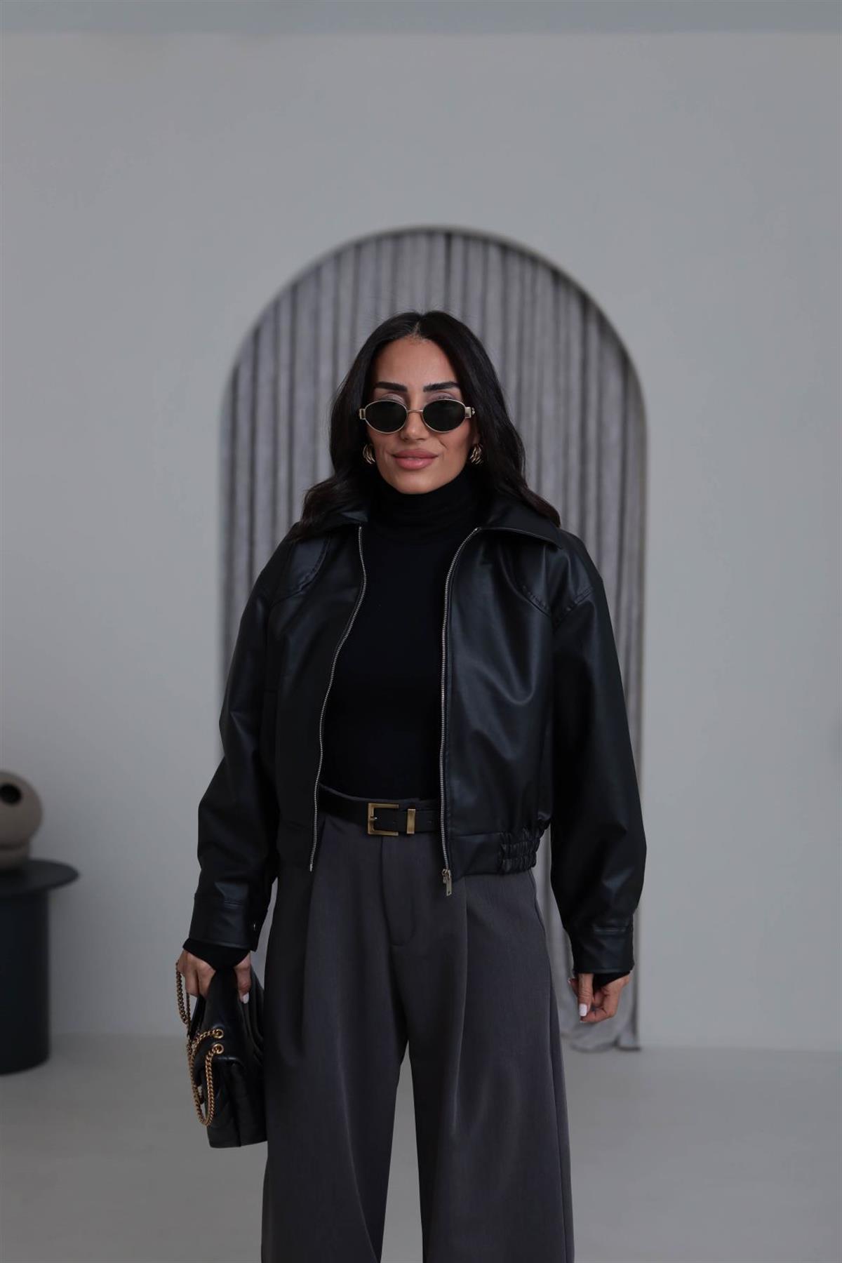 3128 Bel Lastikliı Suni Deri Bomber Ceket SİYAH