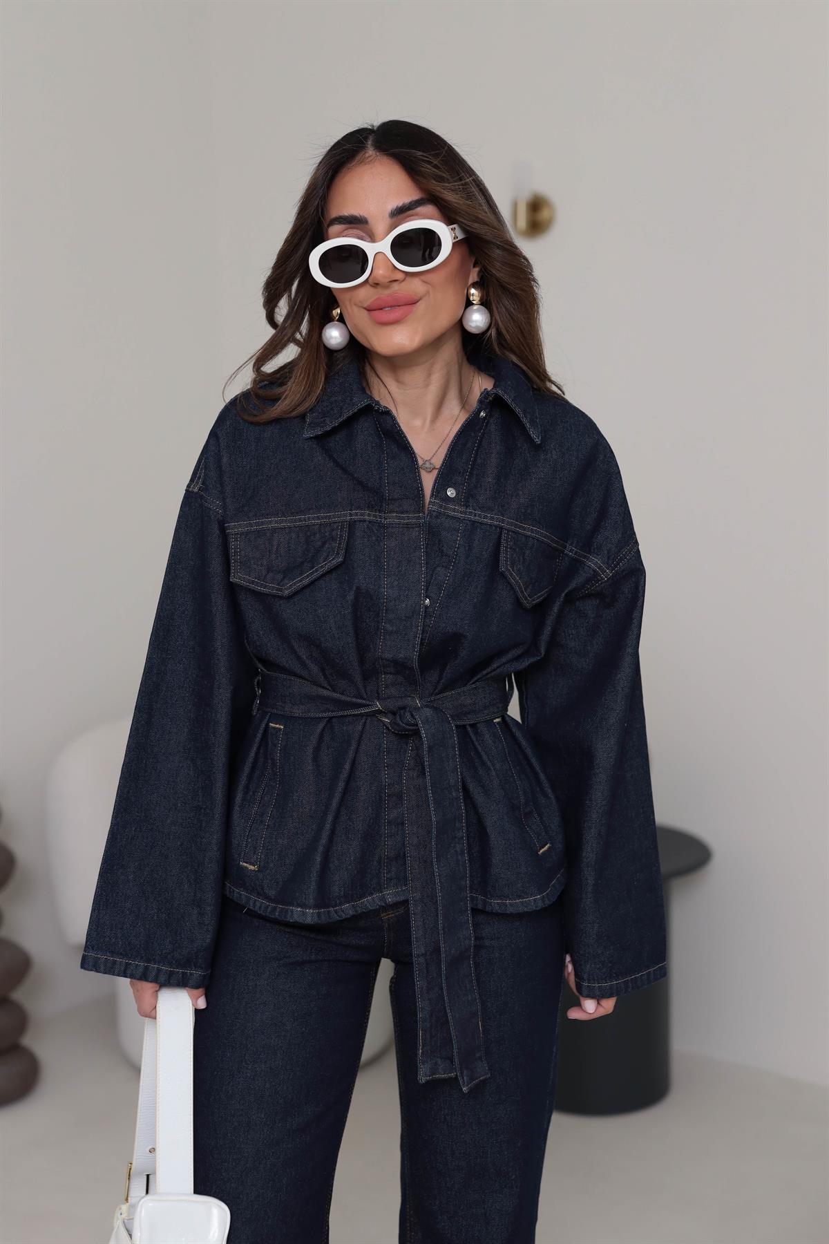 0274 Kuşaklı Gömlek & Pantolon Denim Takım KOYU LACİ