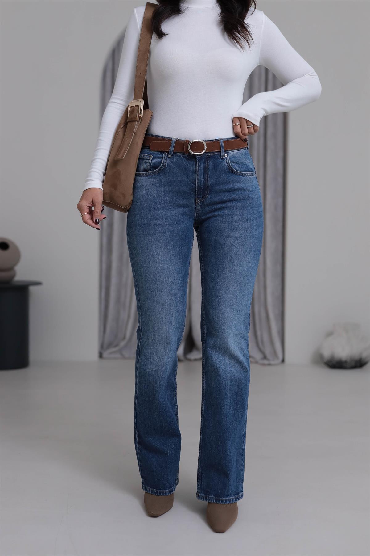 2057 Deri Kemerli Bootcut Pantolon MAVİ