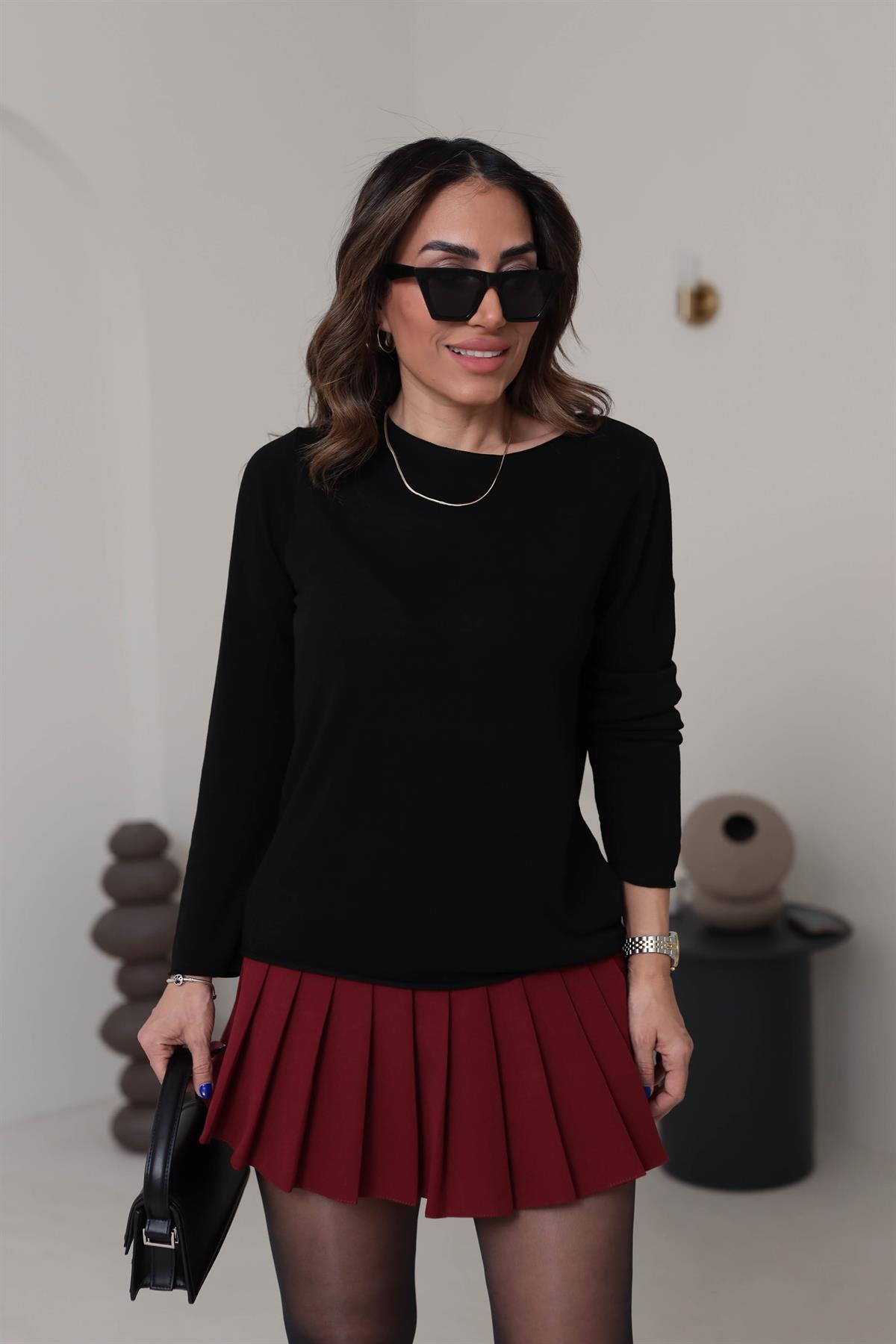 1061 Açık Yaka Uzun Kol İnce Triko SİYAH