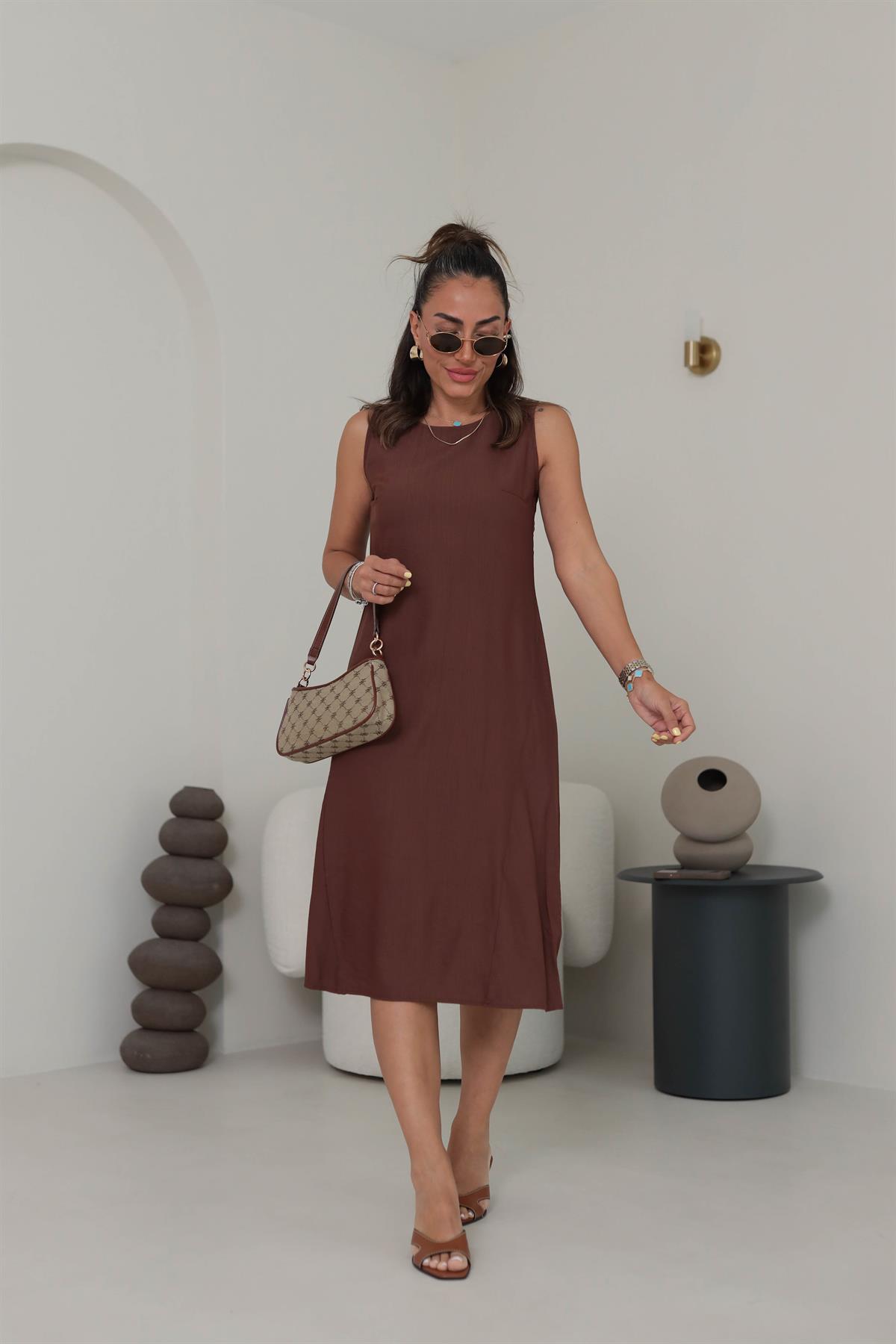 7633 Kolsuz Tiril Elbise KAHVE