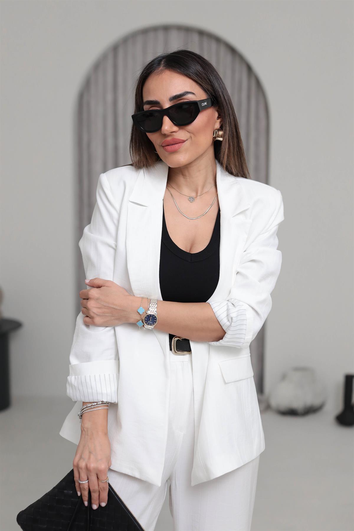 50178 Aeronbin Kol Katlamalı Çizgili Blazer Ceket EKRU