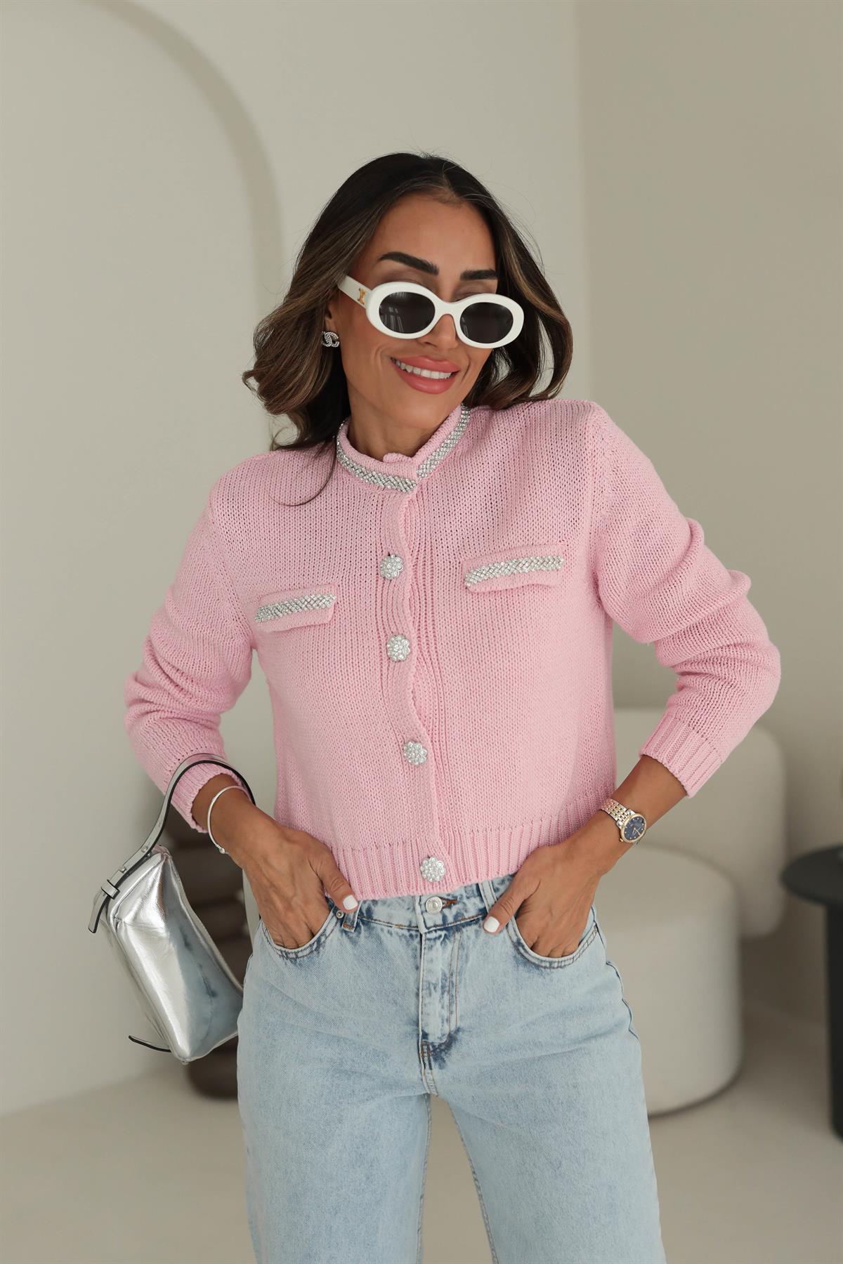 4388 Taş Detaylı Hırka PEMBE