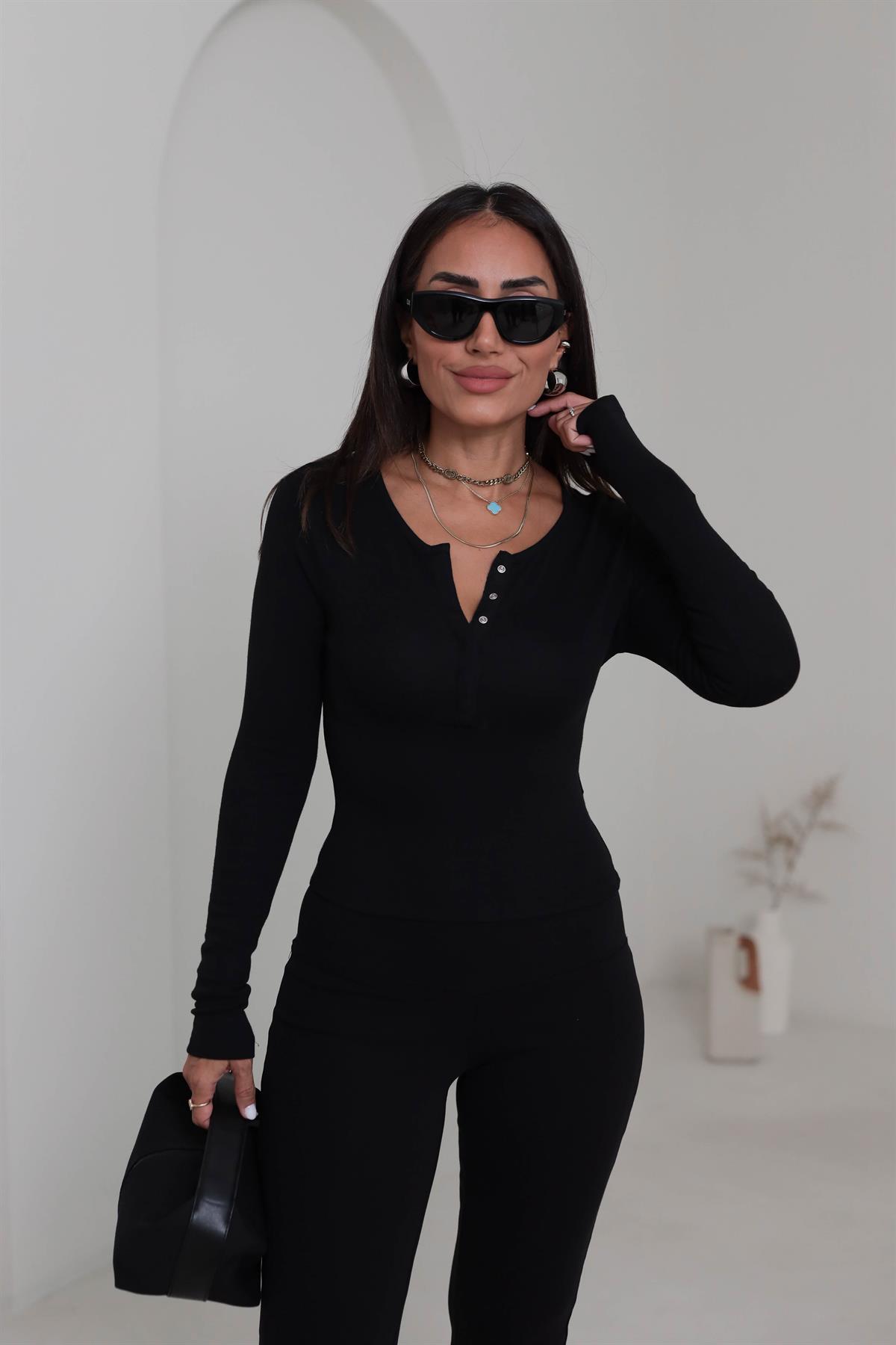 1442 Uzun Kollu Çıtçıt Düğmeli Bluz SİYAH