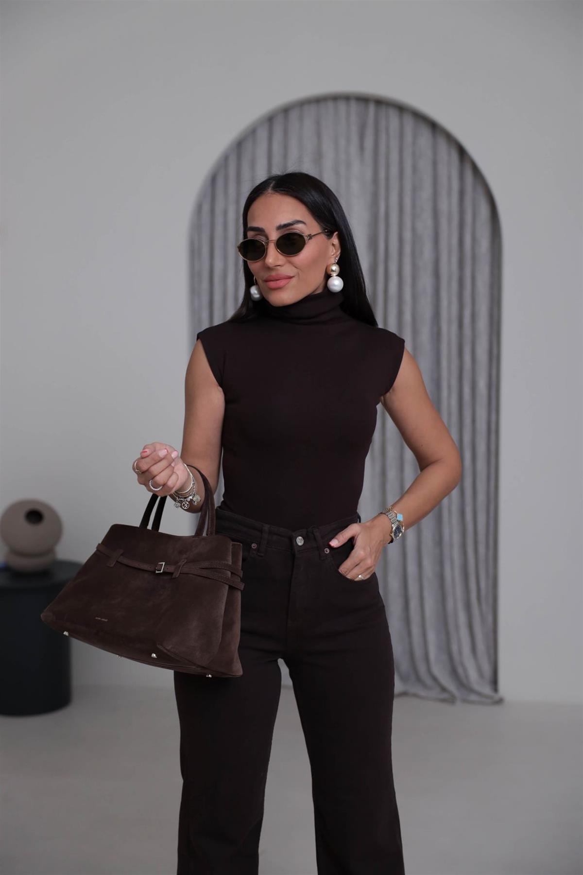 1020 Balıkçı Yaka Sıfır Kol Çıtçıtlı Bodysuit ACI KAHVE