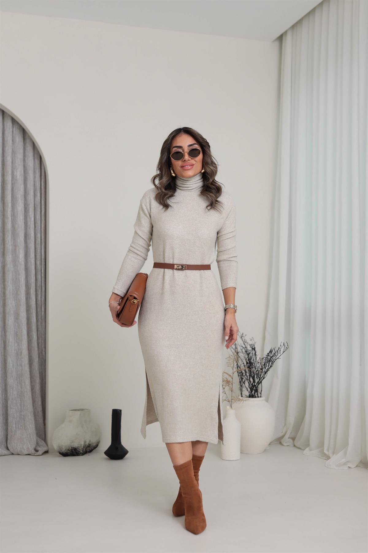 Balıkçı Yaka Yanları Yırtmaçlı Yumoş Elbise TAŞ