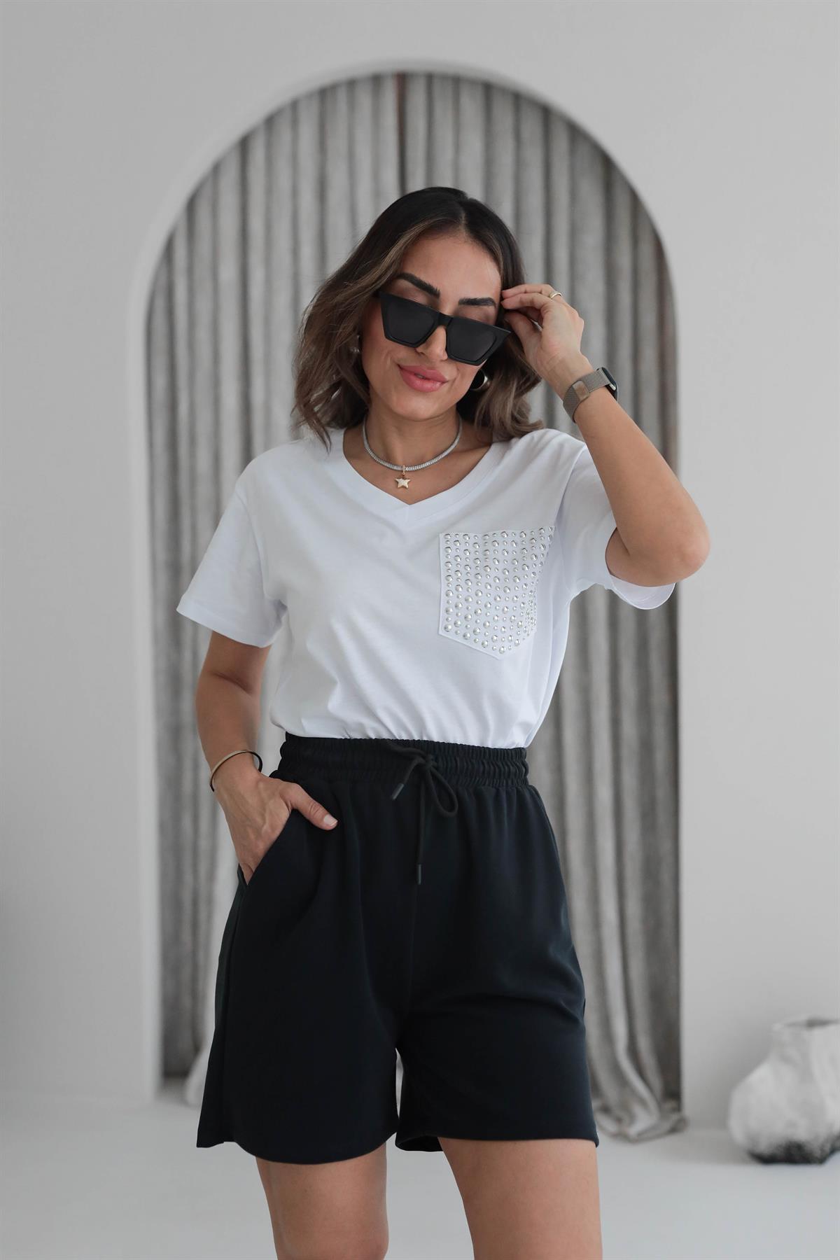 5341 Cep Drop Detaylı V Yaka Tshirt