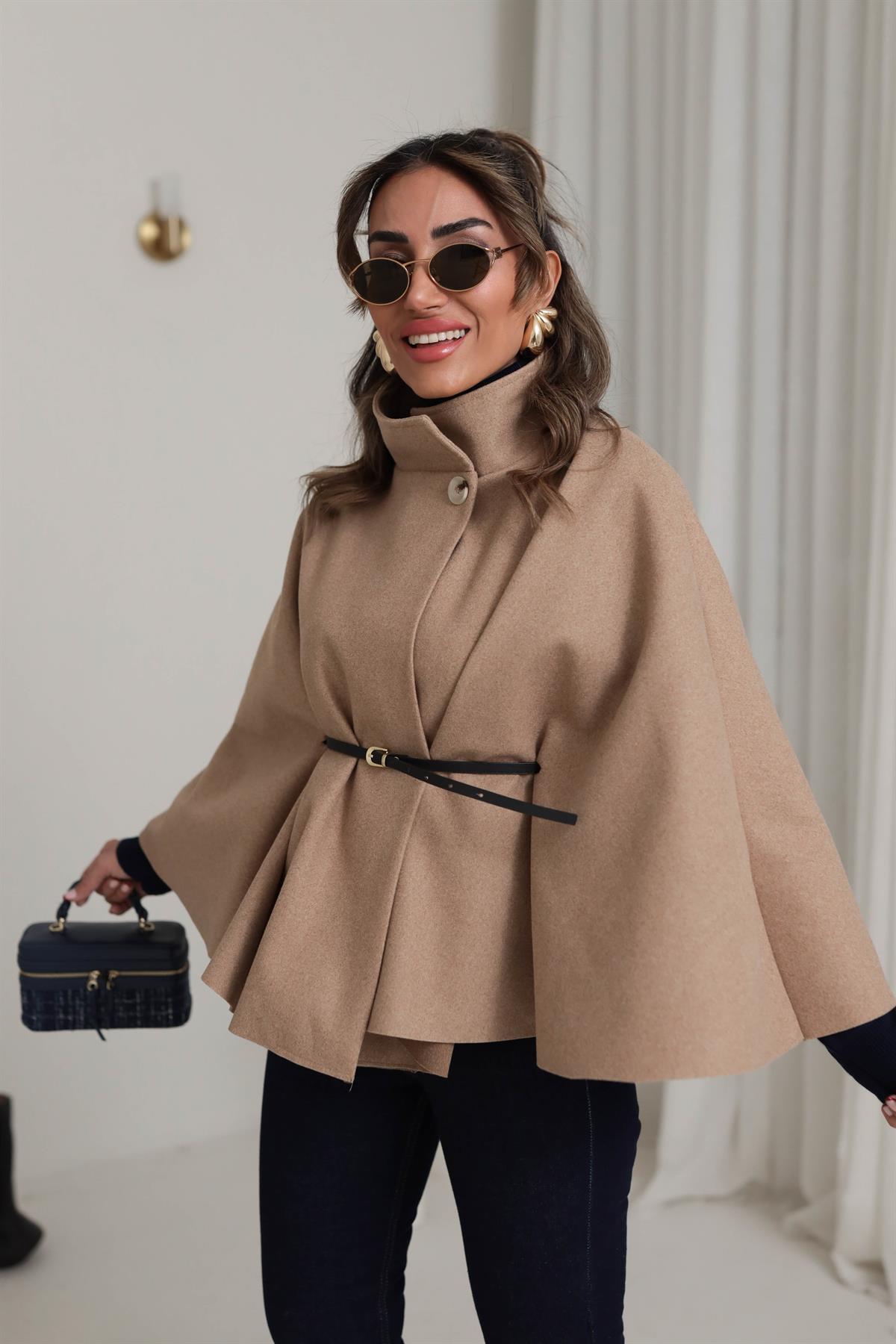 80167 Kemerli Dik Yaka Kaşe Panço CAMEL
