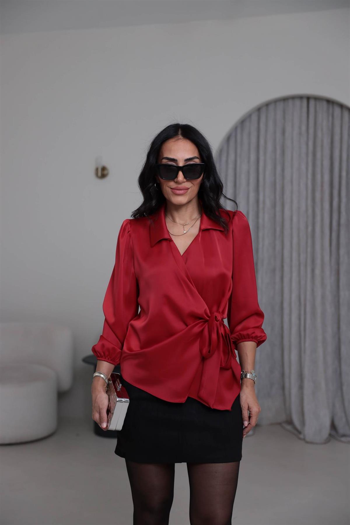 K0132 Kruvaze Yaka İpek Saten Gömlek Bluz KIRMIZI