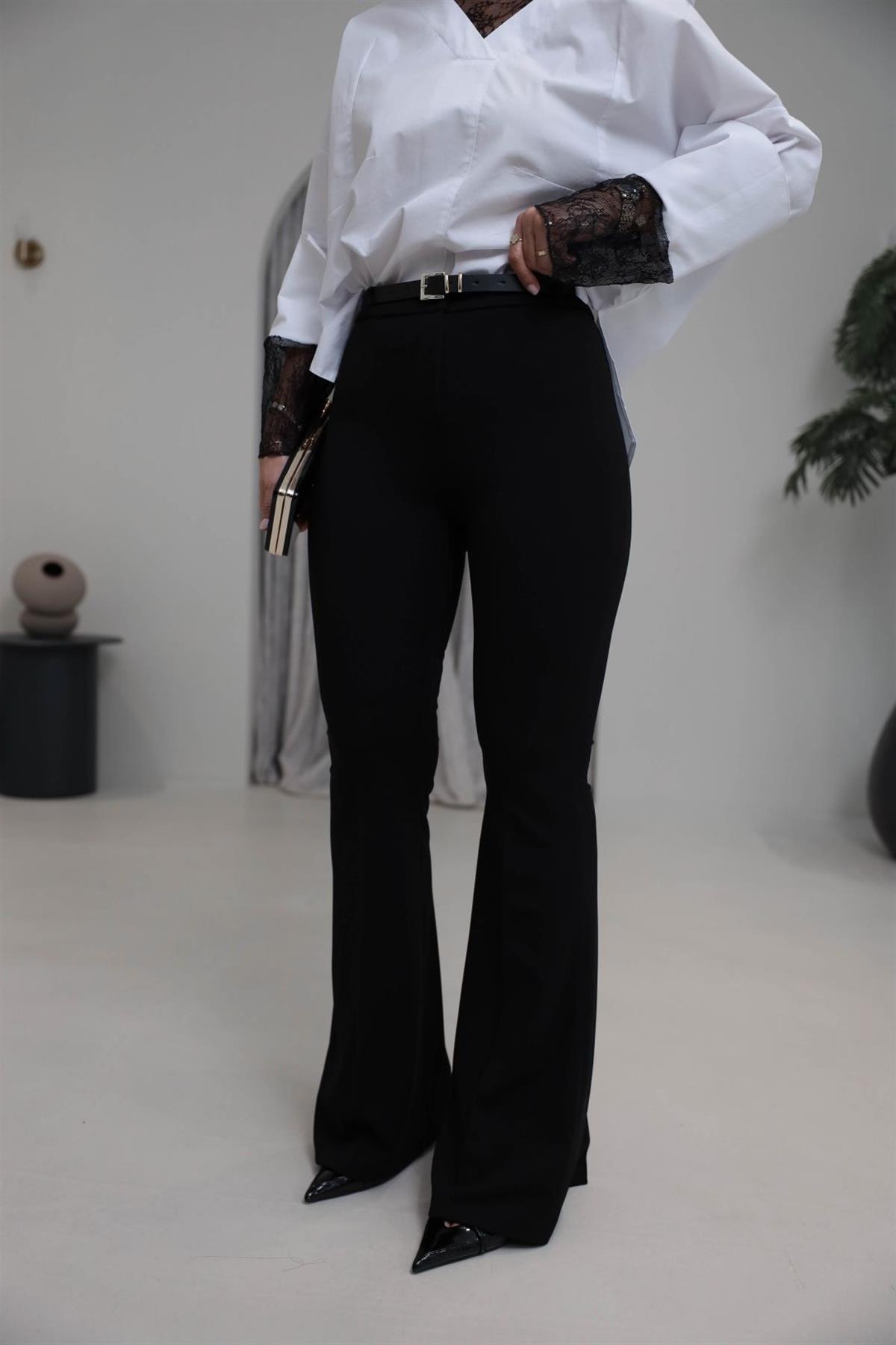 2076 Kemerli Yüksek Bel İspanyol Pantolon SİYAH
