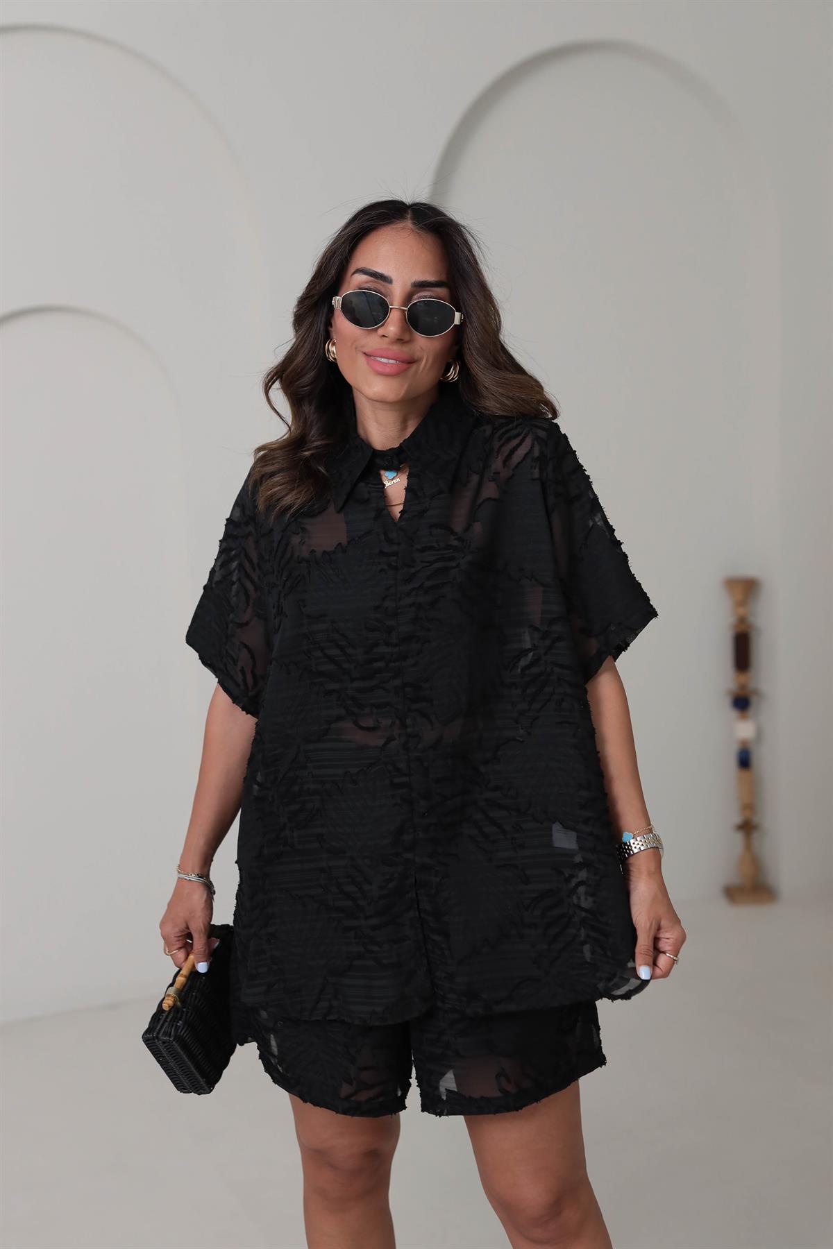 8854 İthal Jakarlı Gömlek Şort Takım SİYAH