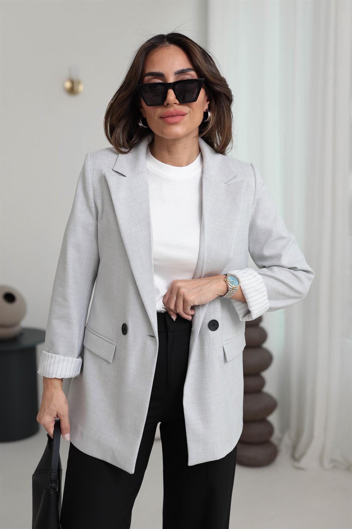 8644 Kol Katlamalı Çizgili Astarlı Premium Blazer Ceket AÇIK GRİ