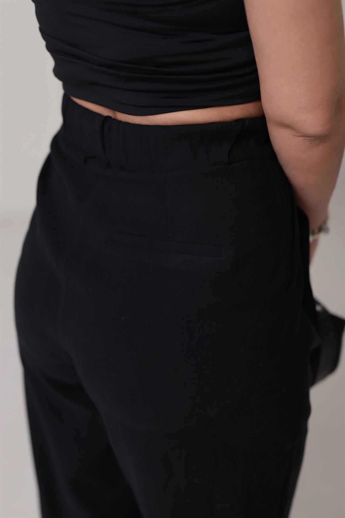 0266 Önden Bağcıklı Tencel Kumaş Havuç Pantalon SİYAH